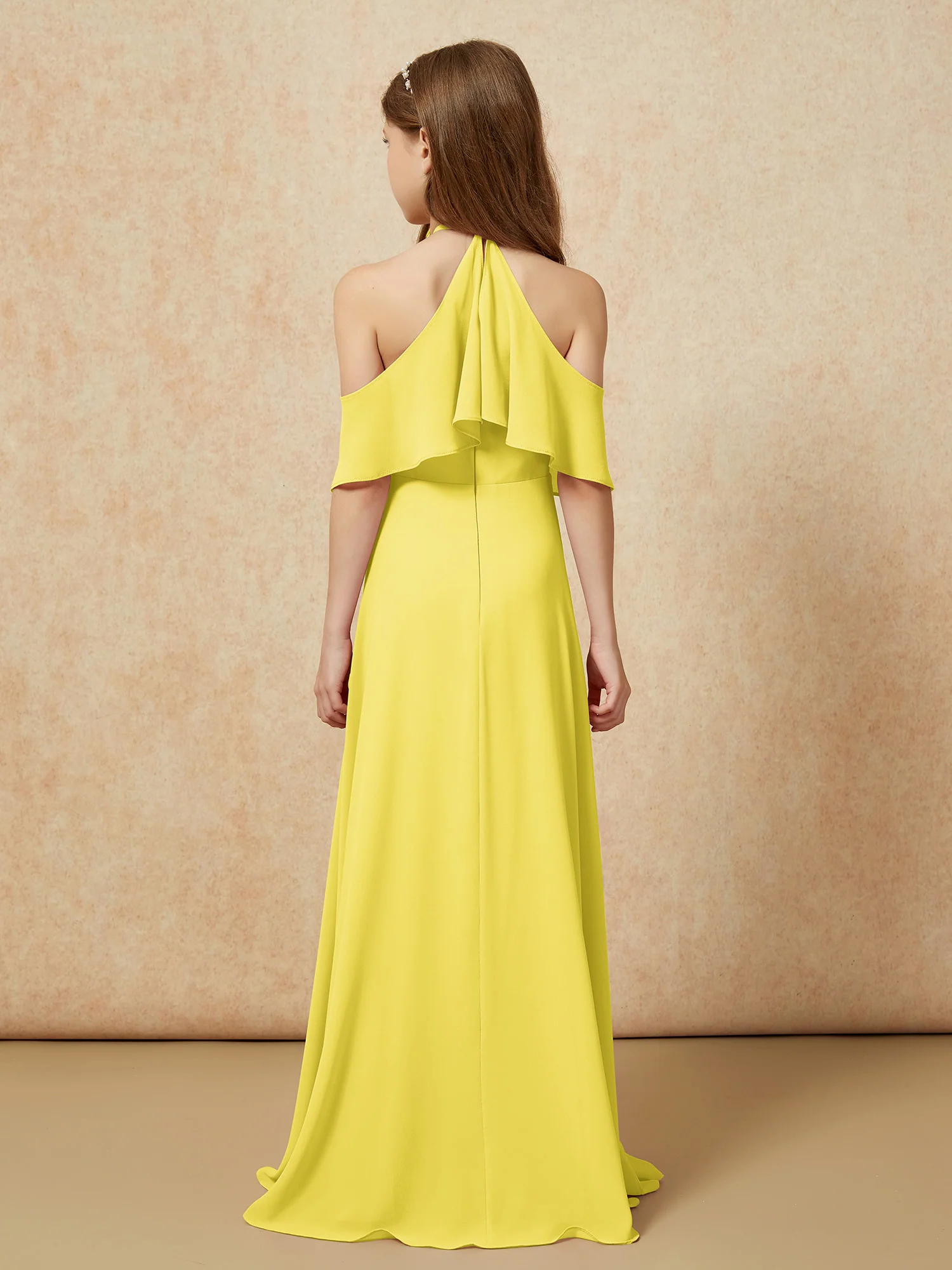 Simple Halter Floor-length Junior Bridesmaid Dress Lemon - Image 2