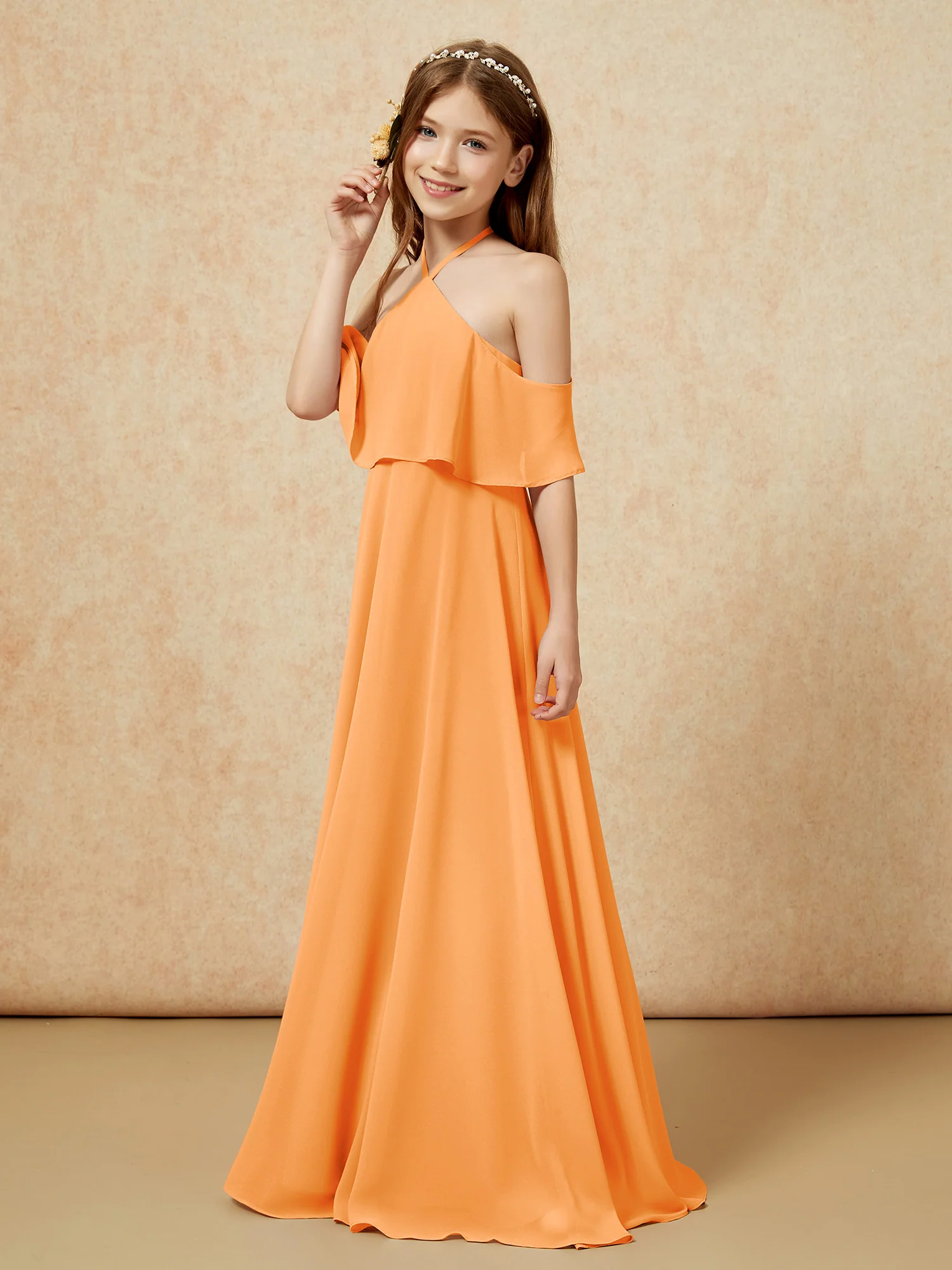 Simple Halter Floor-length Junior Bridesmaid Dress Orange - Image 3