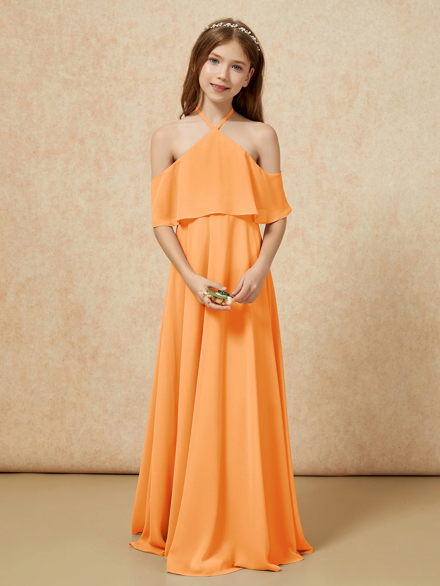 Simple Halter Floor-length Junior Bridesmaid Dress Orange - Image 4