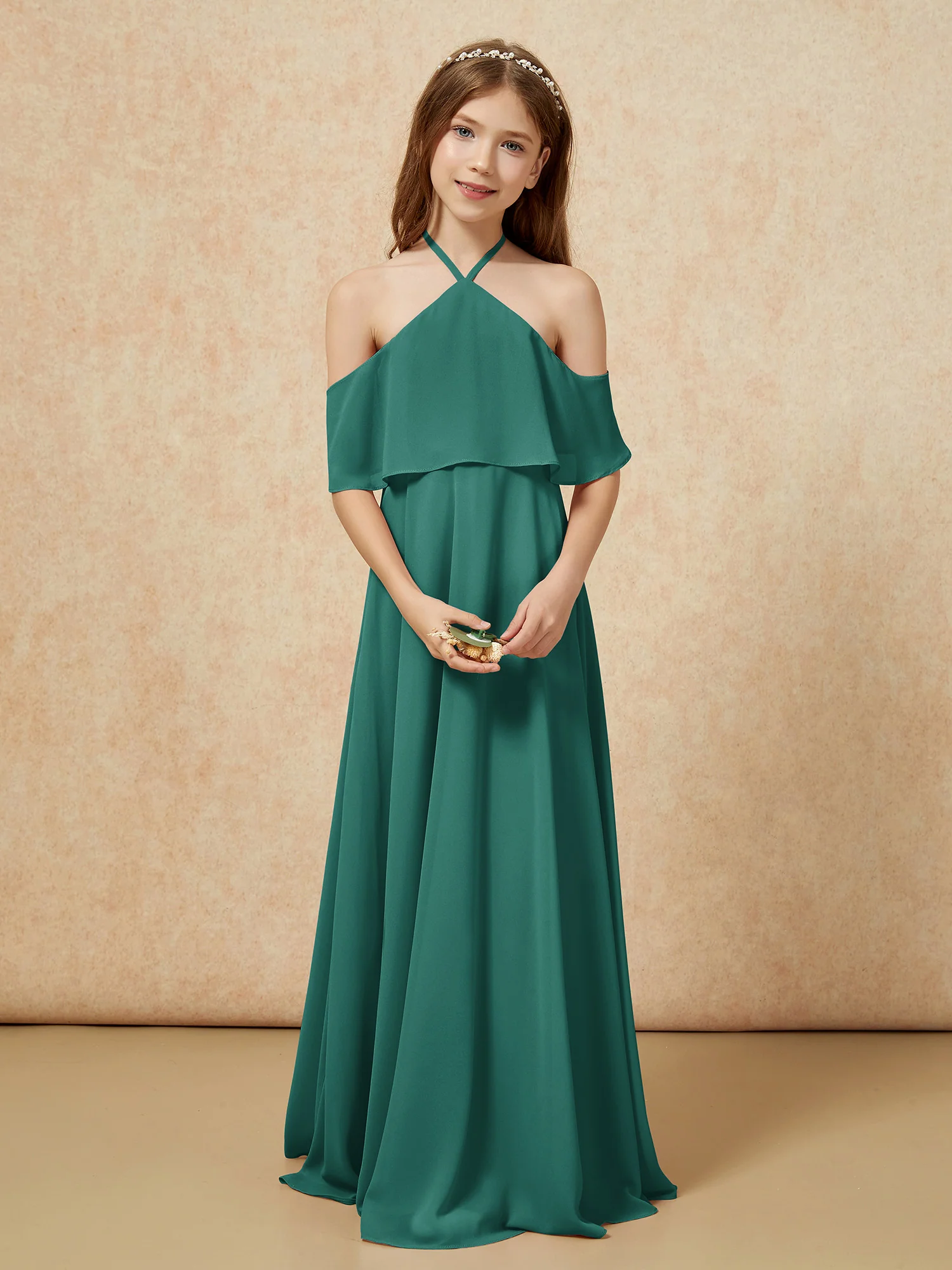 Simple Halter Floor-length Junior Bridesmaid Dress Peacock - Image 4