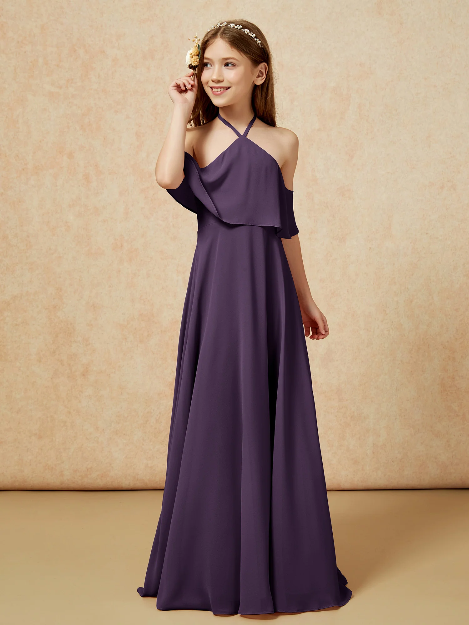 Simple Halter Floor-length Junior Bridesmaid Dress Plum