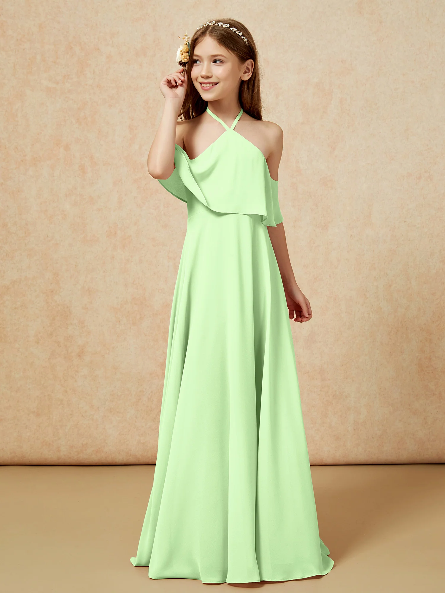 Simple Halter Floor-length Junior Bridesmaid Dress Sage