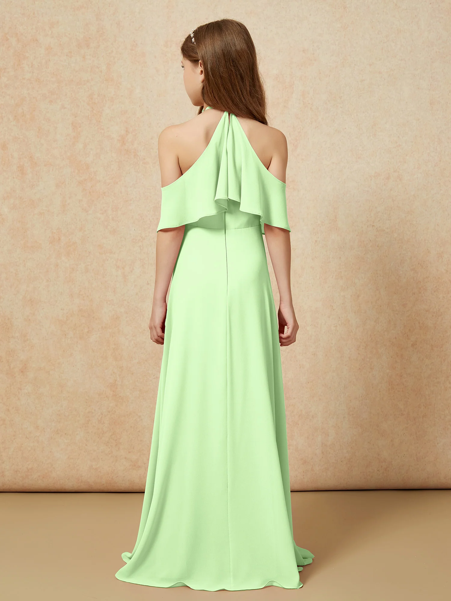 Simple Halter Floor-length Junior Bridesmaid Dress Sage - Image 2