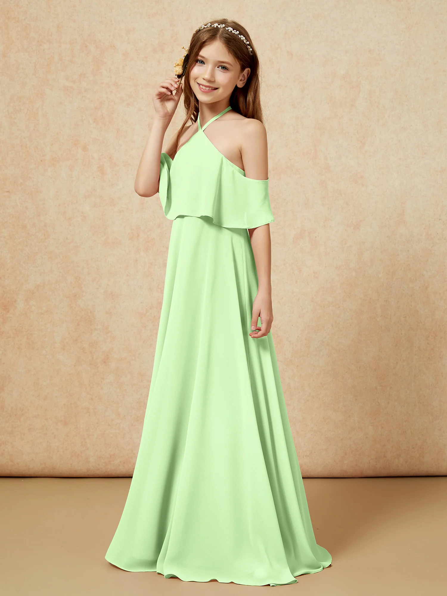 Simple Halter Floor-length Junior Bridesmaid Dress Sage - Image 3