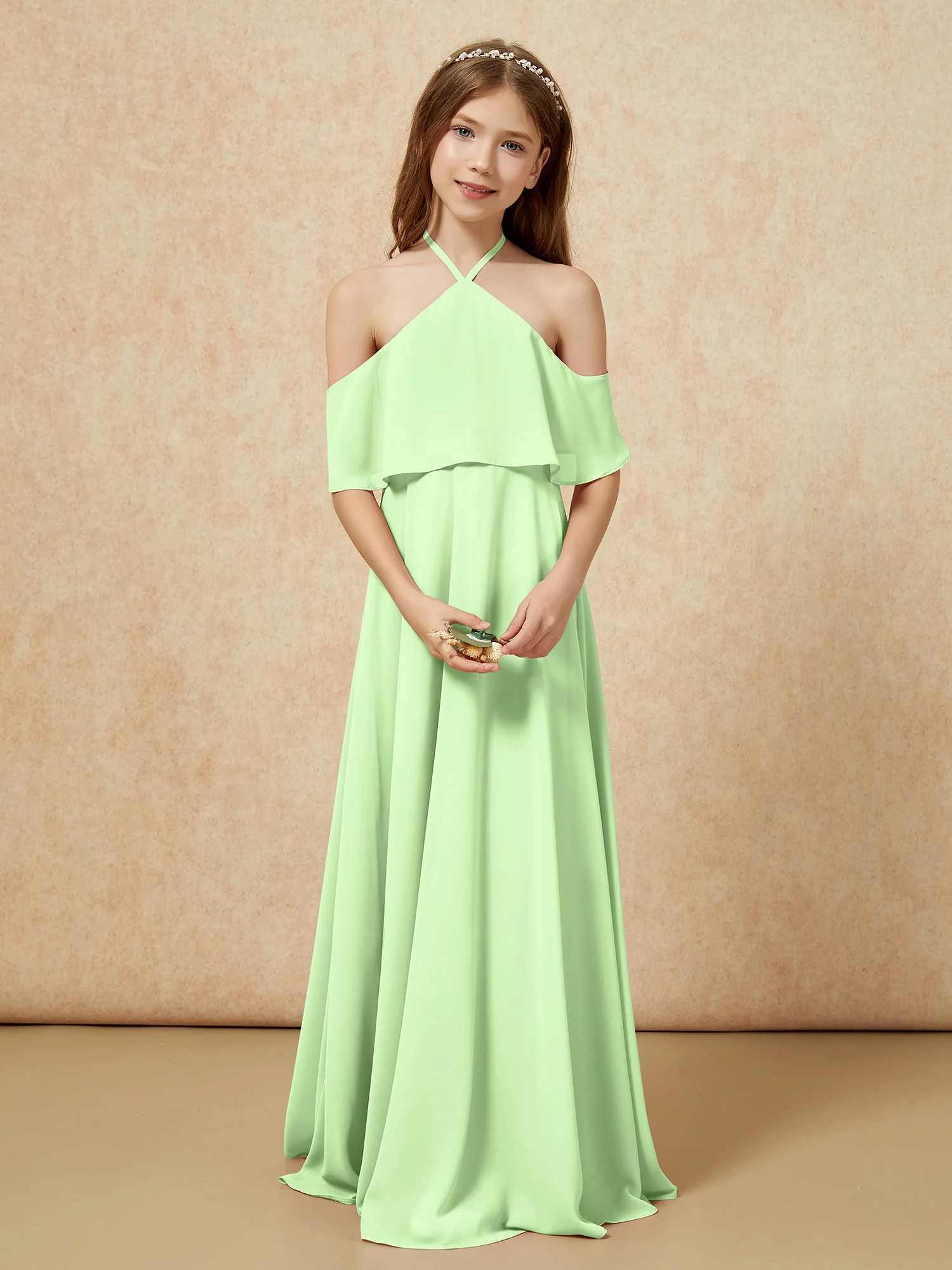 Simple Halter Floor-length Junior Bridesmaid Dress Sage - Image 4