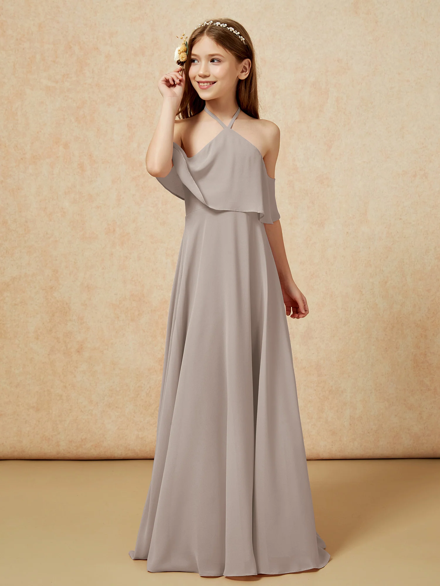Simple Halter Floor-length Junior Bridesmaid Dress Taupe
