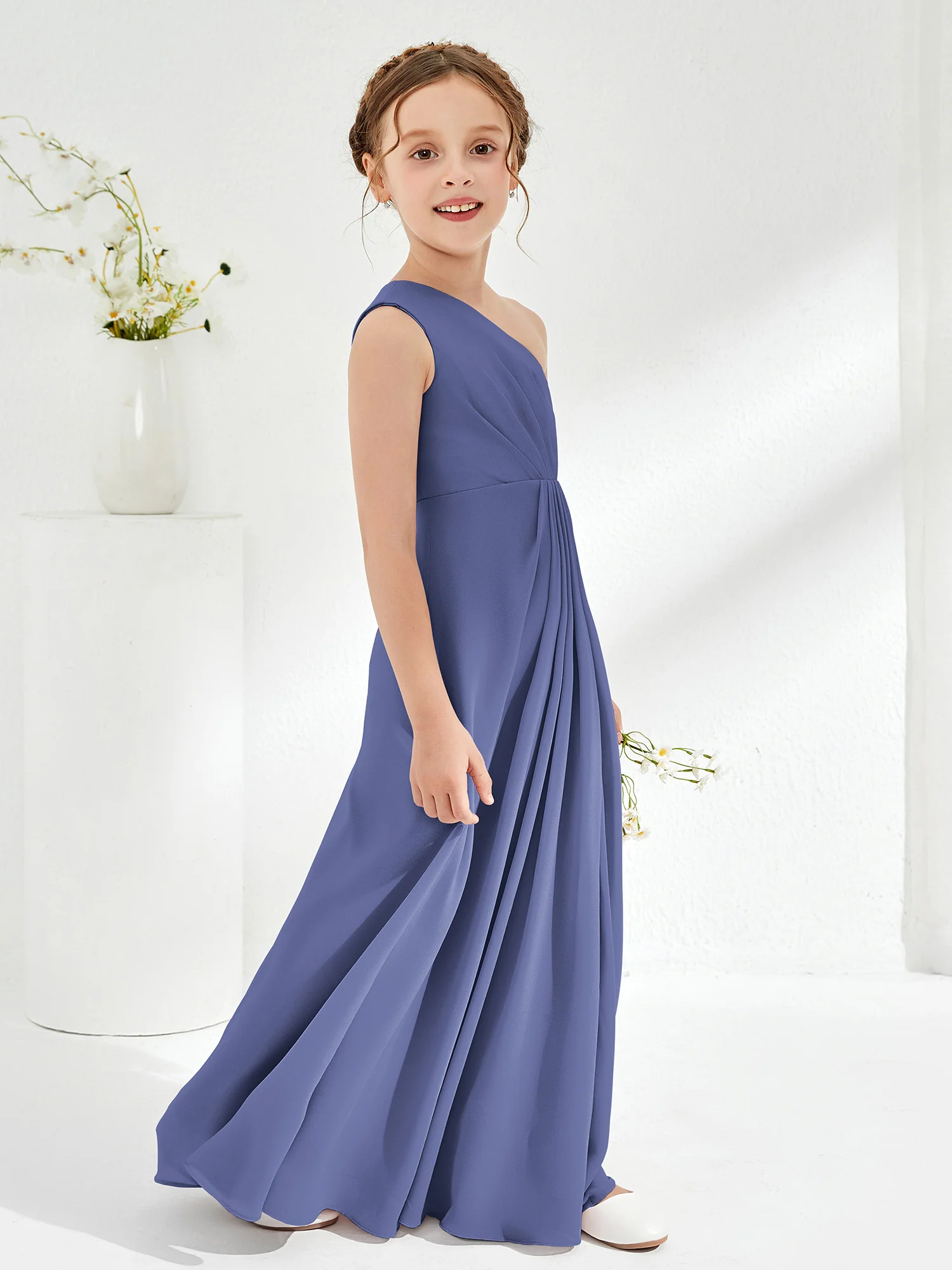 Simple One Shoulde Chiffon Junior Bridesmaid Dress Periwinkle - Image 3