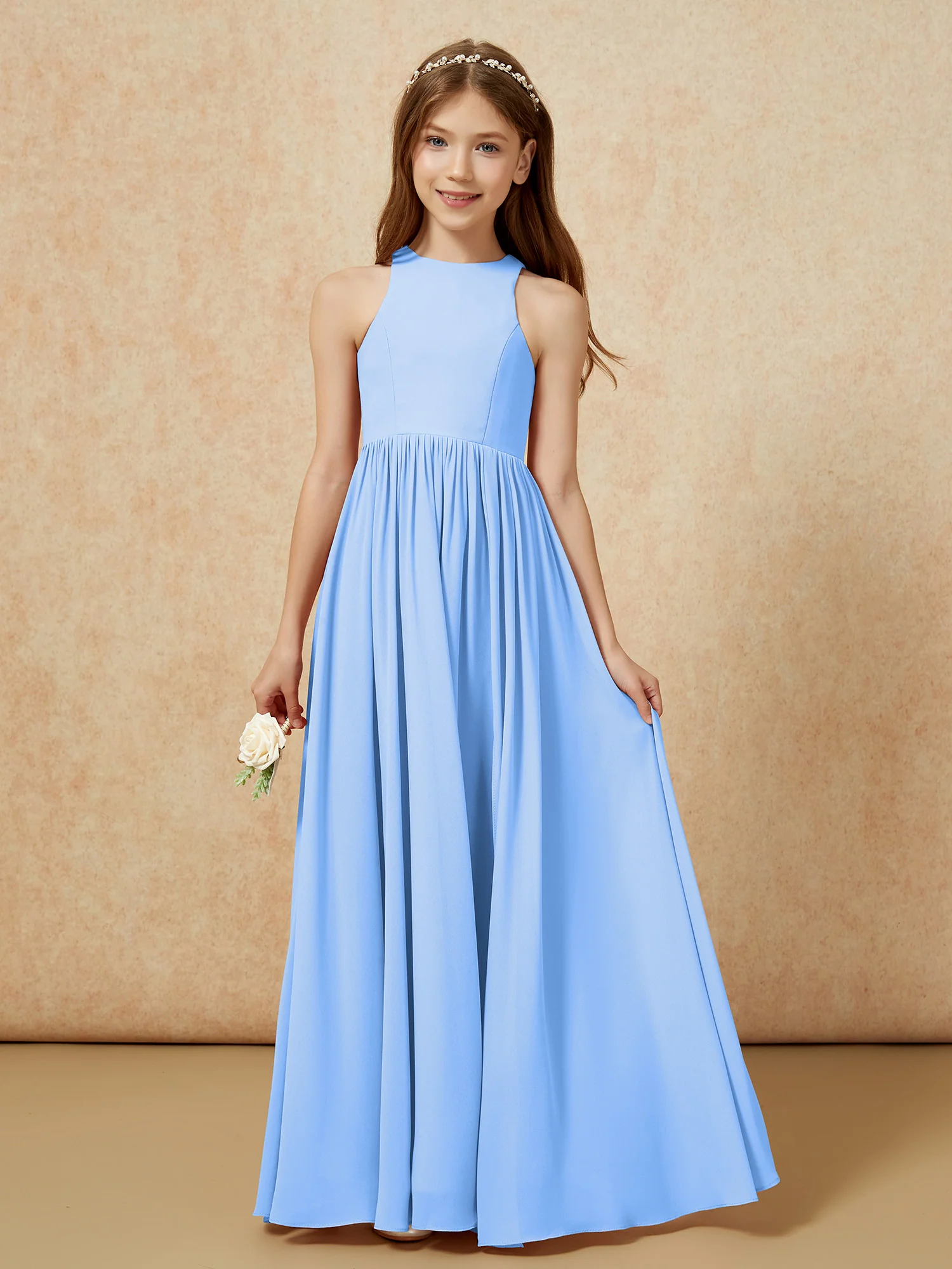 Simple sleeveless chiffon Junior Bridesmaid Dress Blue - Image 4