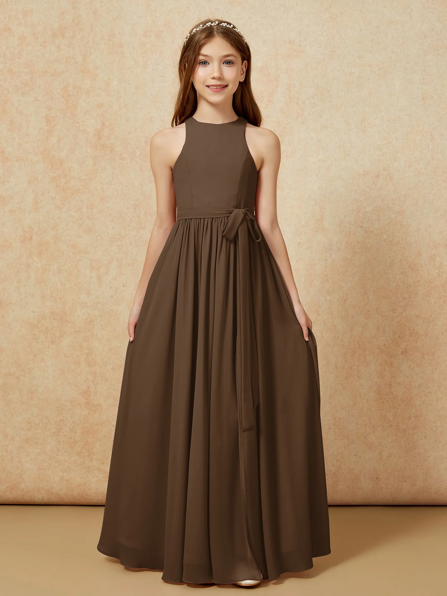 Simple sleeveless chiffon Junior Bridesmaid Dress Brown - Image 8