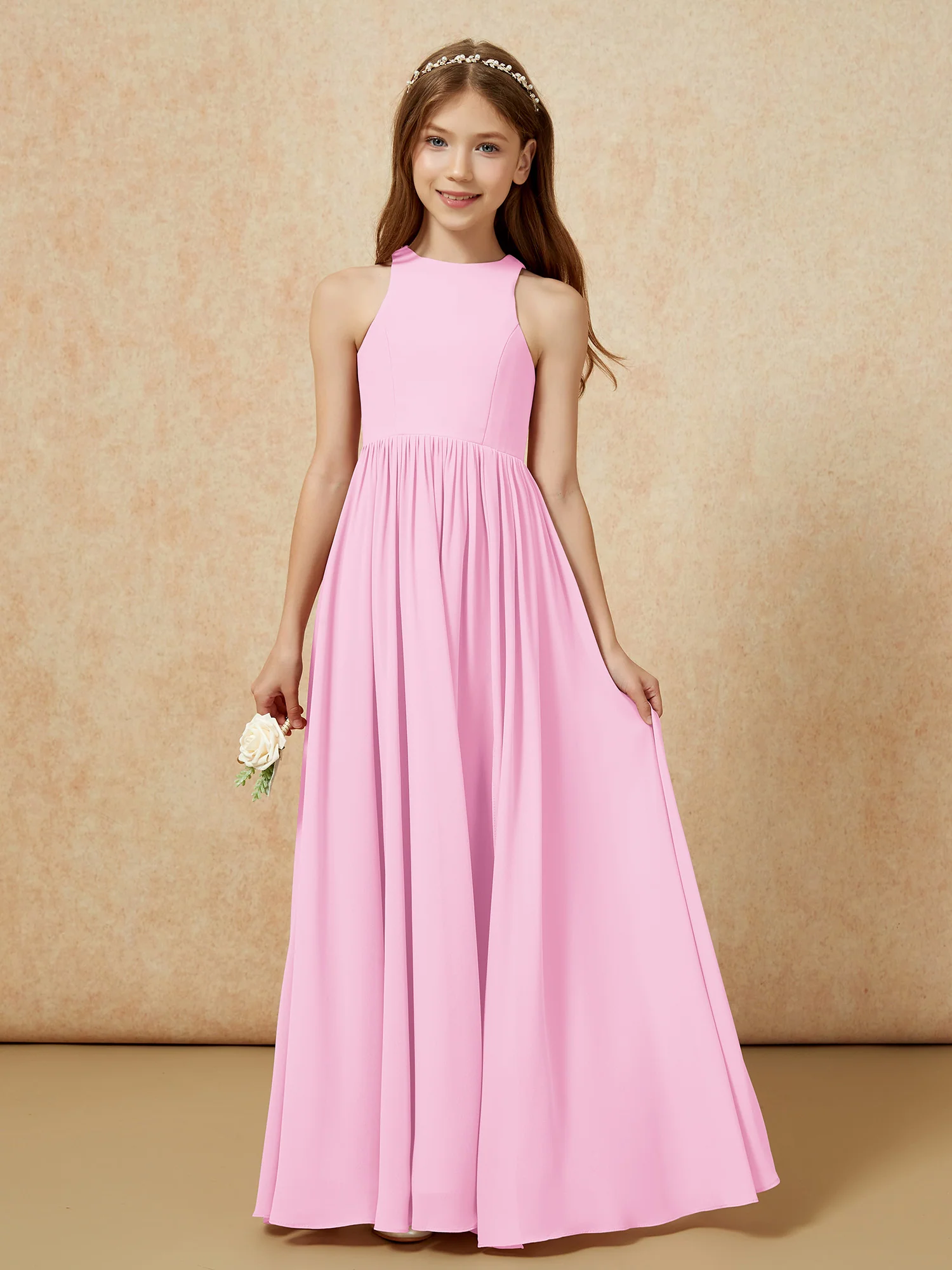 Simple sleeveless chiffon Junior Bridesmaid Dress Candy Pink - Image 4