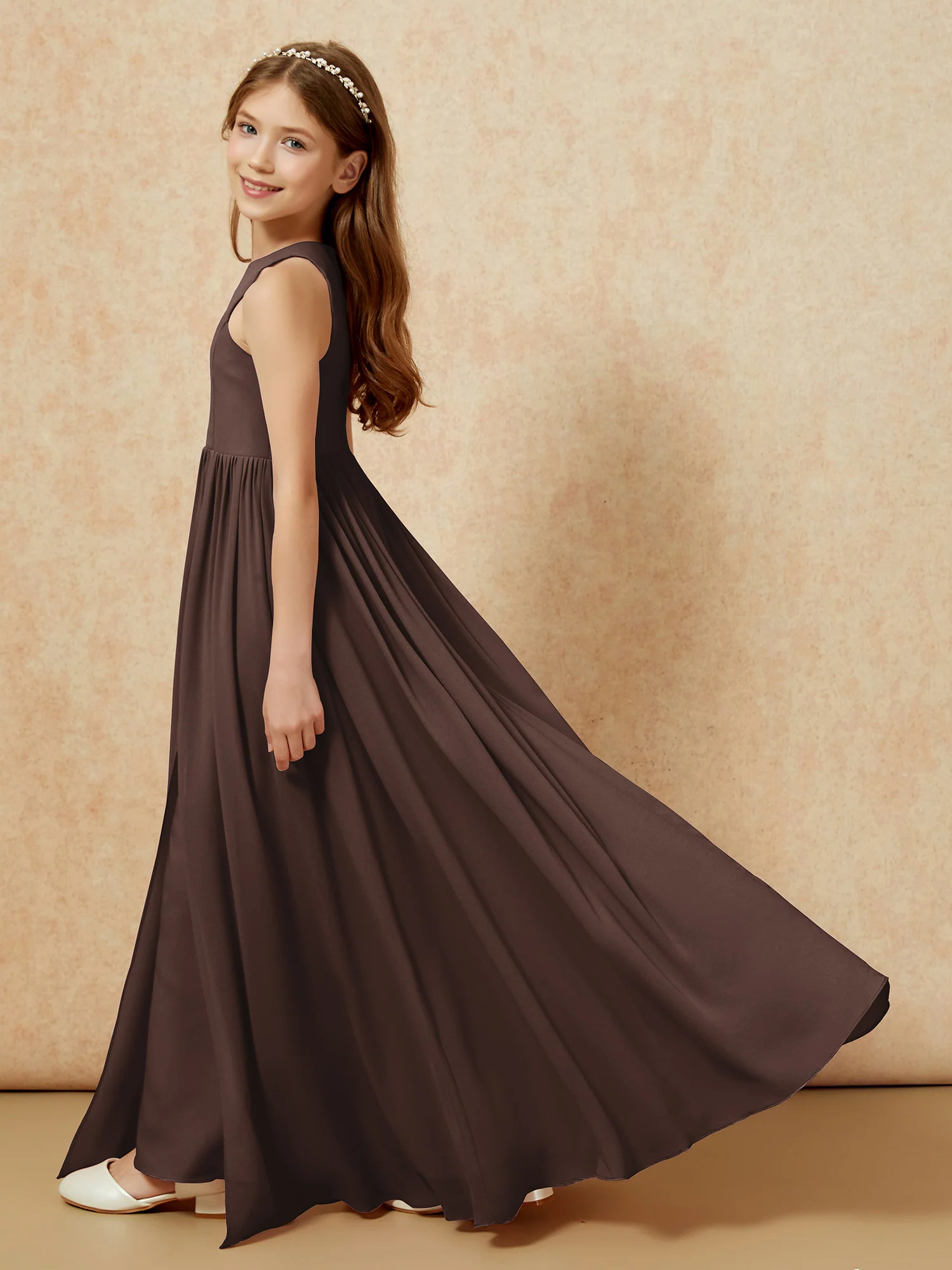 Simple sleeveless chiffon Junior Bridesmaid Dress Chocolate - Image 9