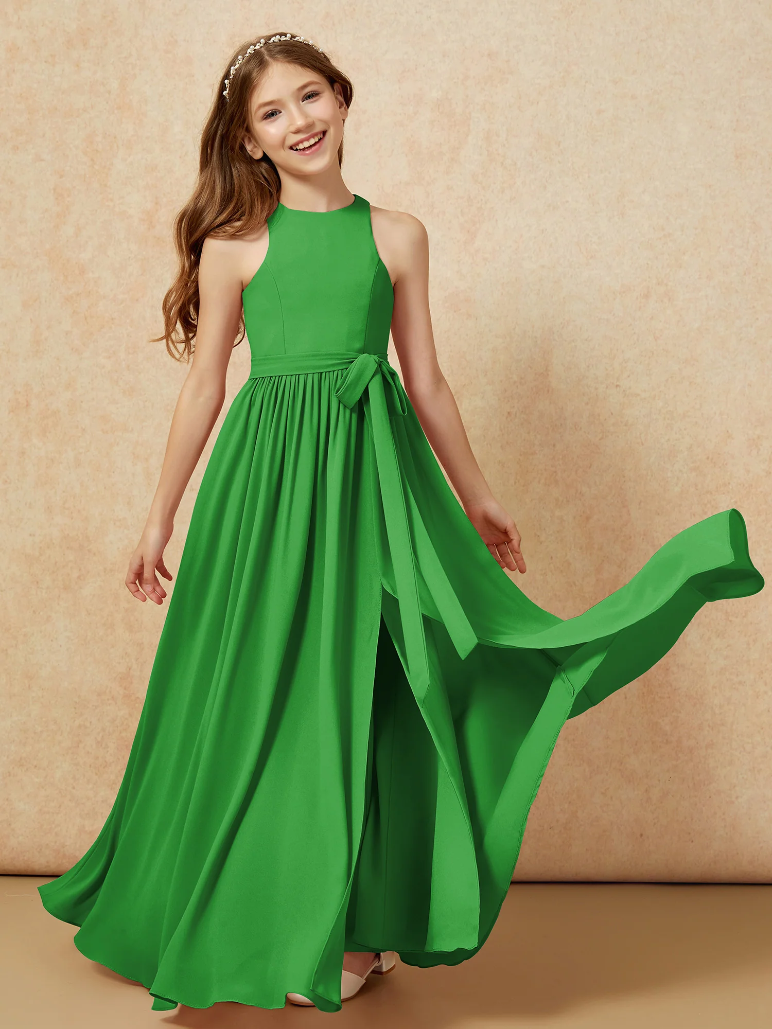 Simple sleeveless chiffon Junior Bridesmaid Dress Green - Image 10