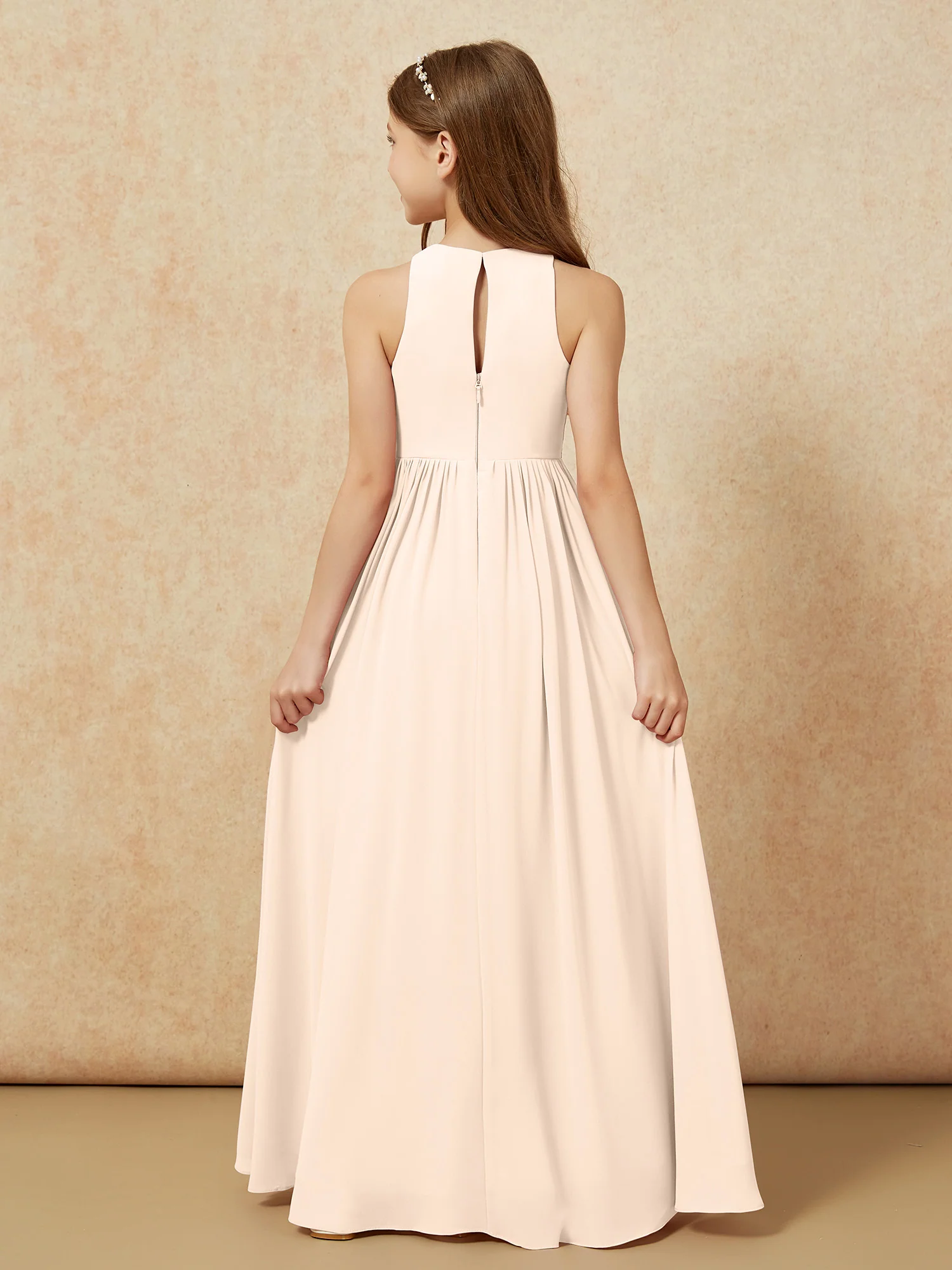 Simple sleeveless chiffon Junior Bridesmaid Dress Peach - Image 7