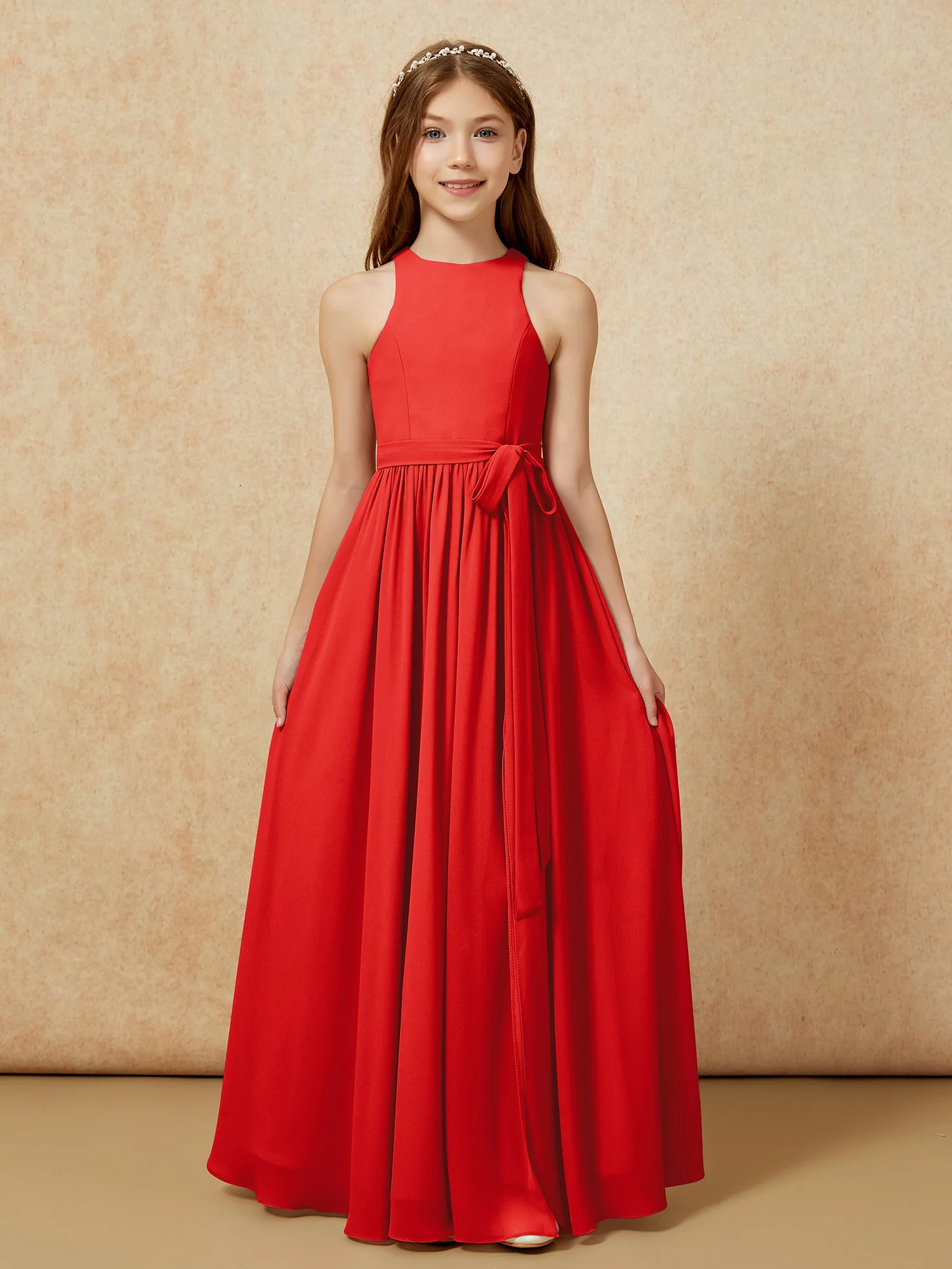 Simple sleeveless chiffon Junior Bridesmaid Dress Red - Image 8