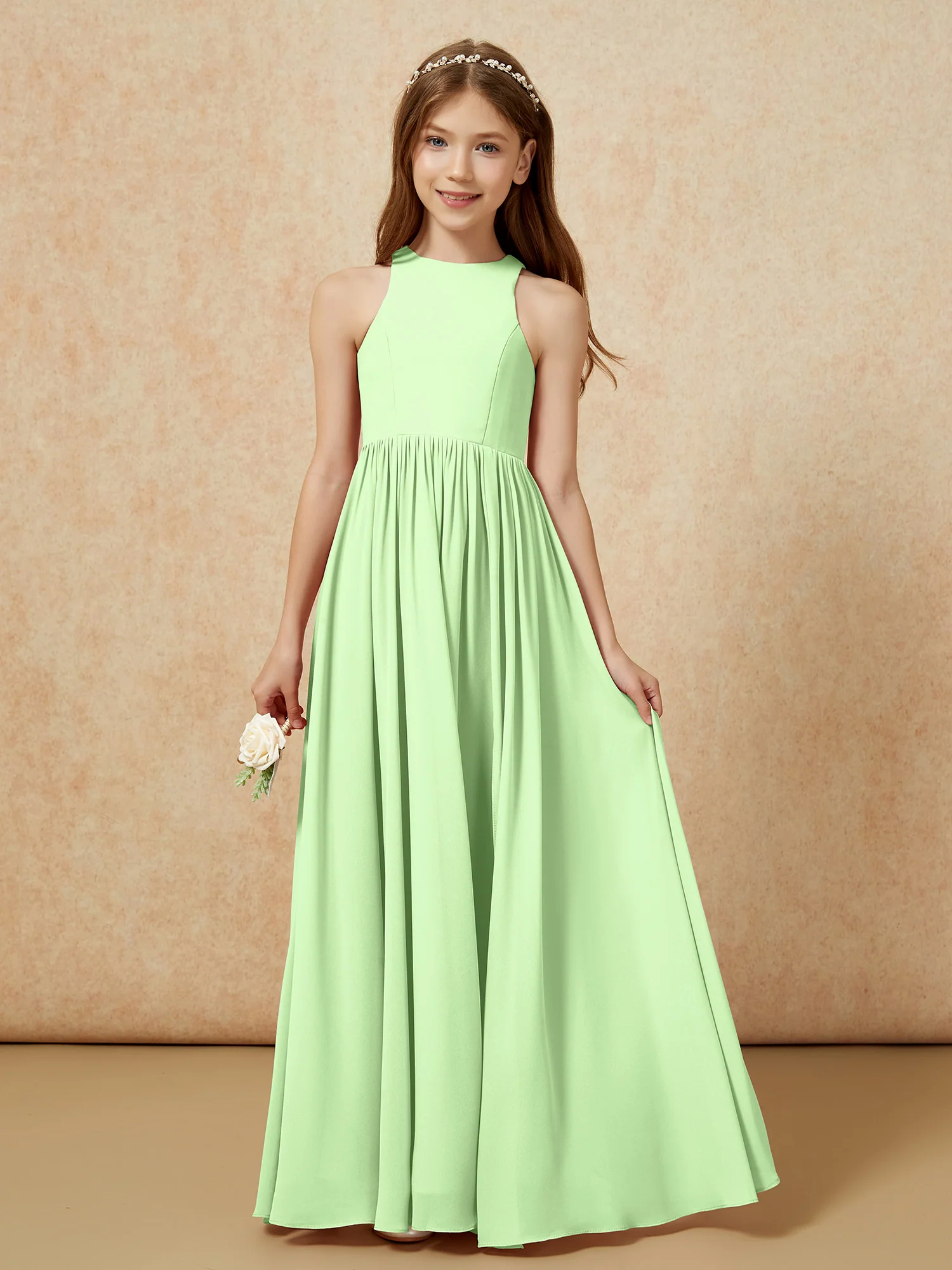 Simple sleeveless chiffon Junior Bridesmaid Dress Sage - Image 4