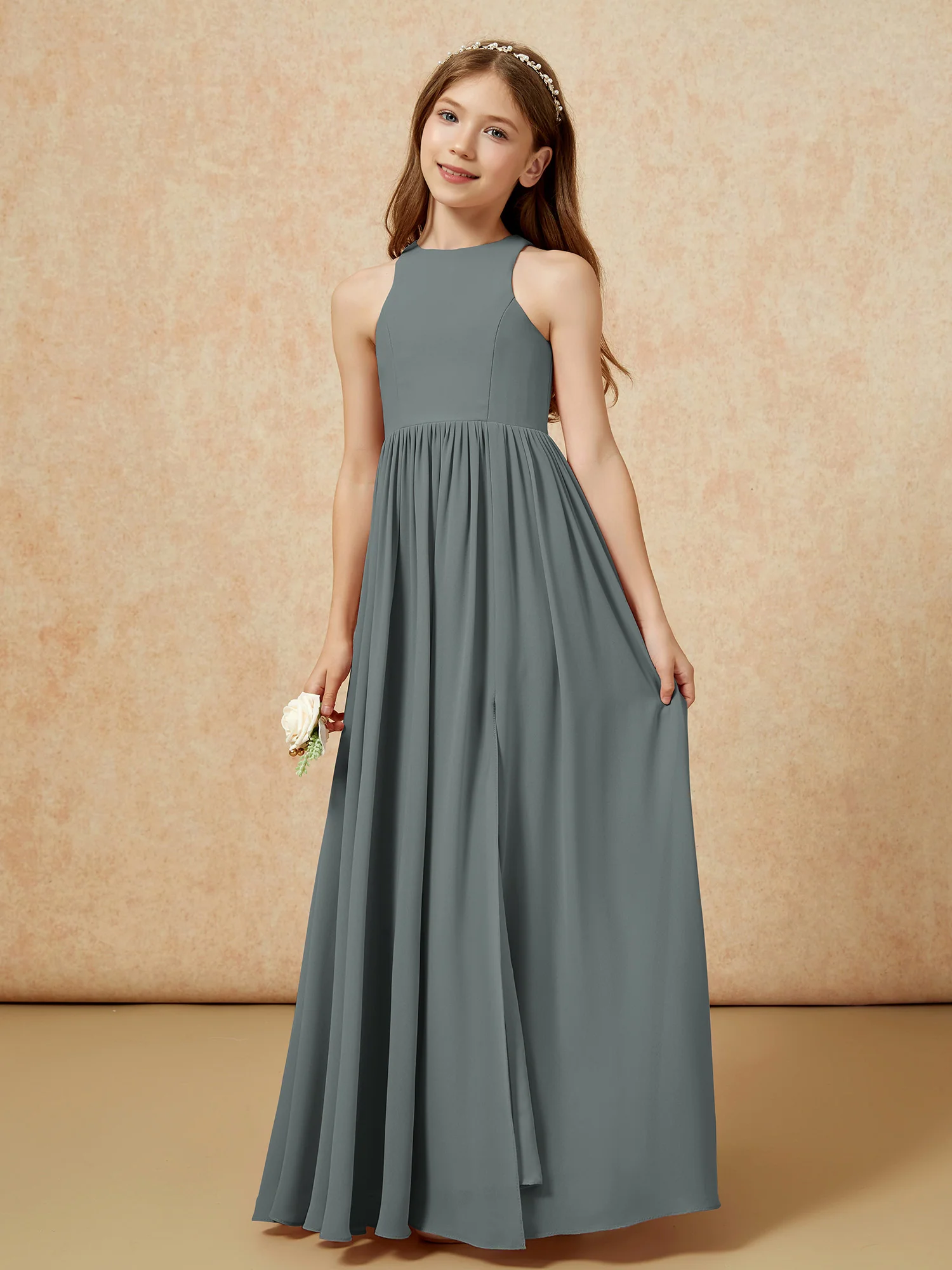 Simple sleeveless chiffon Junior Bridesmaid Dress Steel Grey - Image 6
