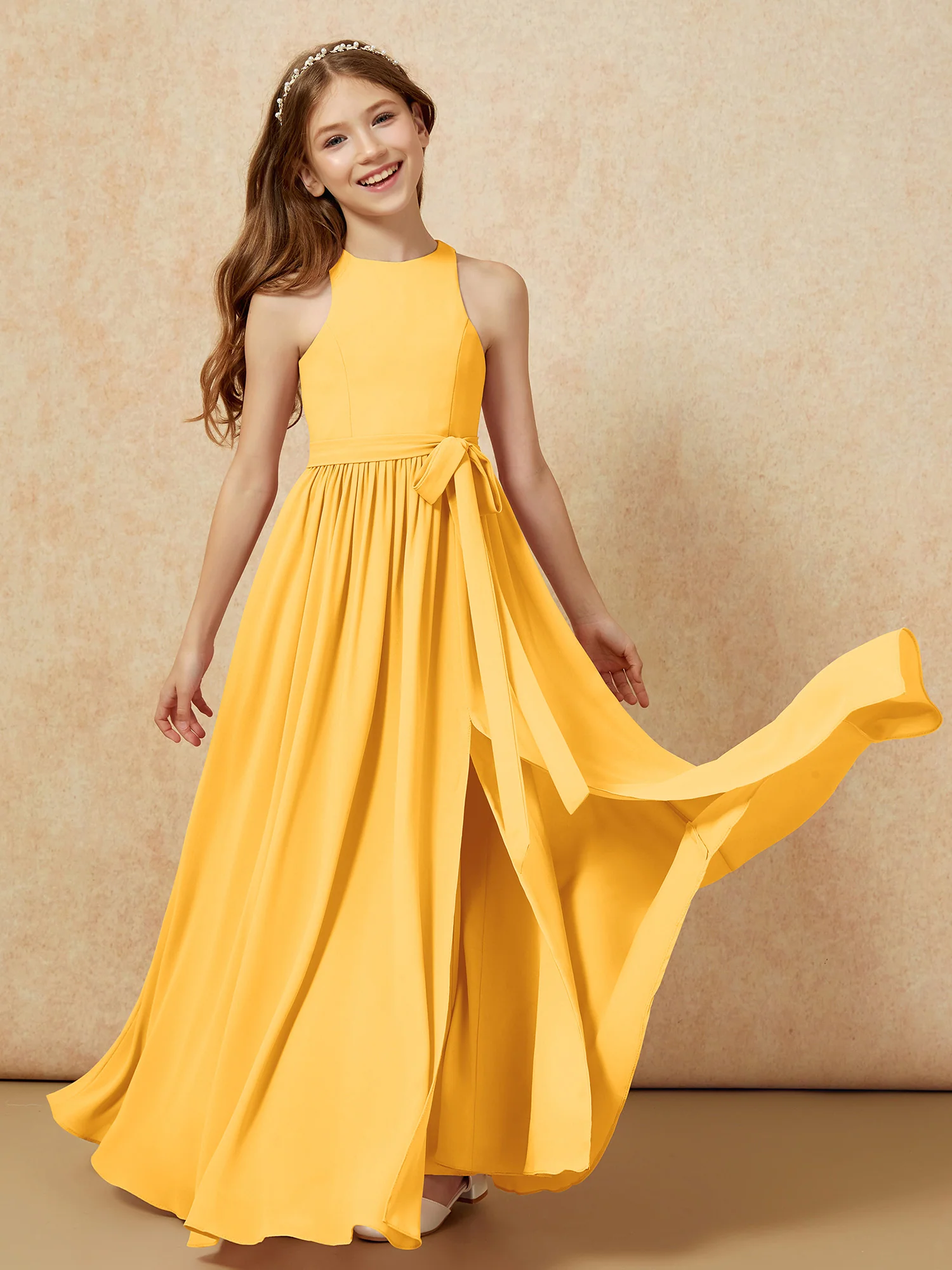 Simple sleeveless chiffon Junior Bridesmaid Dress Tangerine - Image 10
