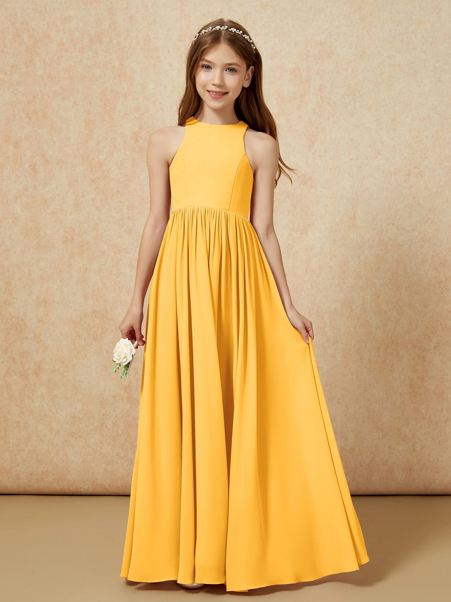 Simple sleeveless chiffon Junior Bridesmaid Dress Tangerine - Image 4