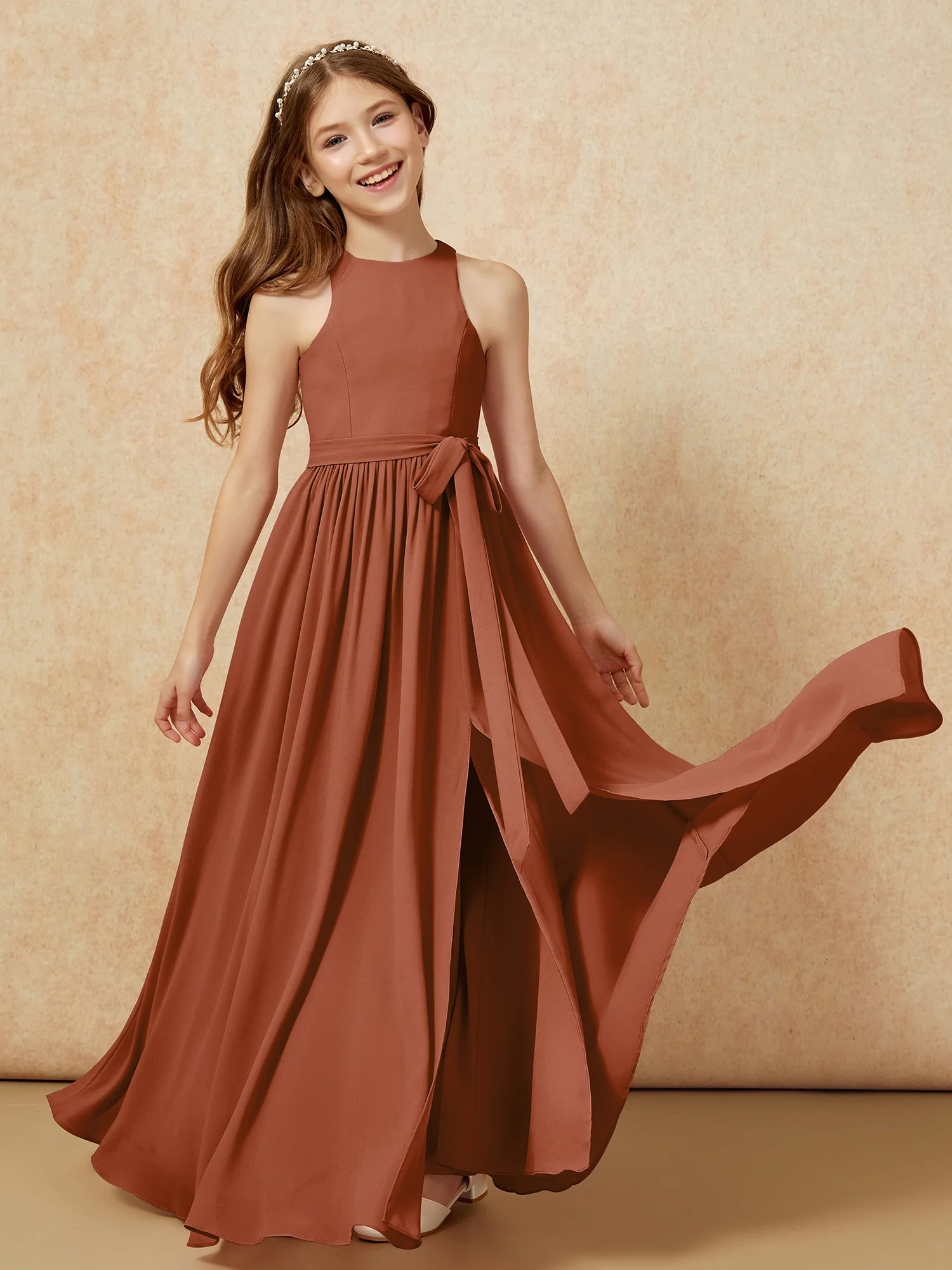 Simple sleeveless chiffon Junior Bridesmaid Dress Terracotta - Image 10