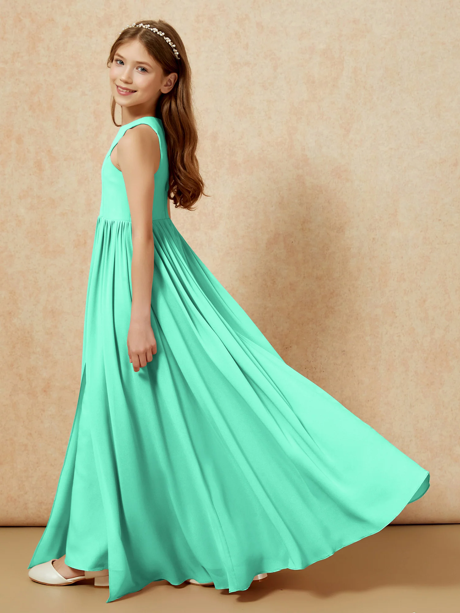 Simple sleeveless chiffon Junior Bridesmaid Dress Turquoise - Image 9