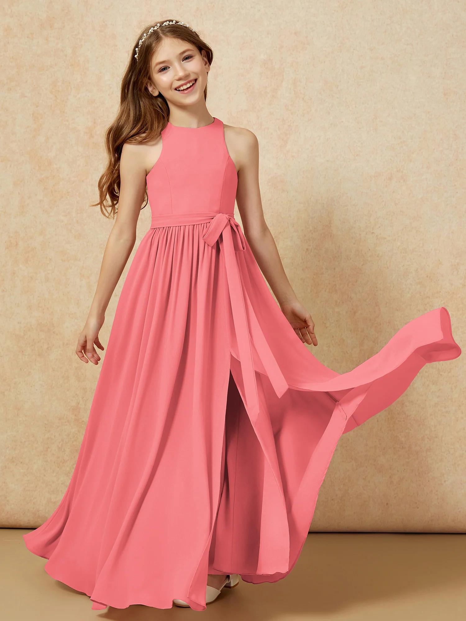 Simple sleeveless chiffon Junior Bridesmaid Dress Watermelon - Image 10