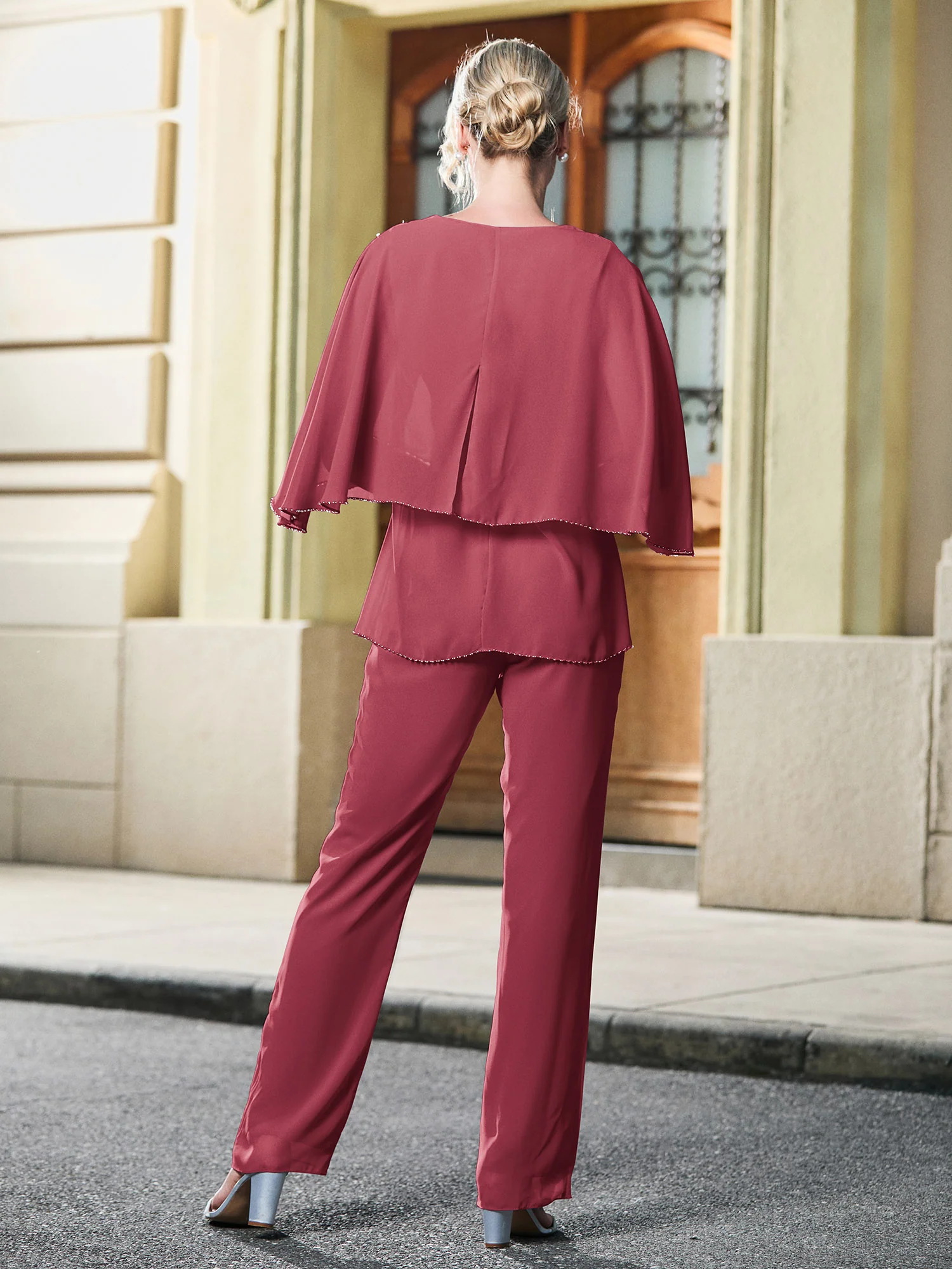 Simple Sleeveless Chiffon Top and Pants Two-piece Set Cinnamon Rose - Image 2