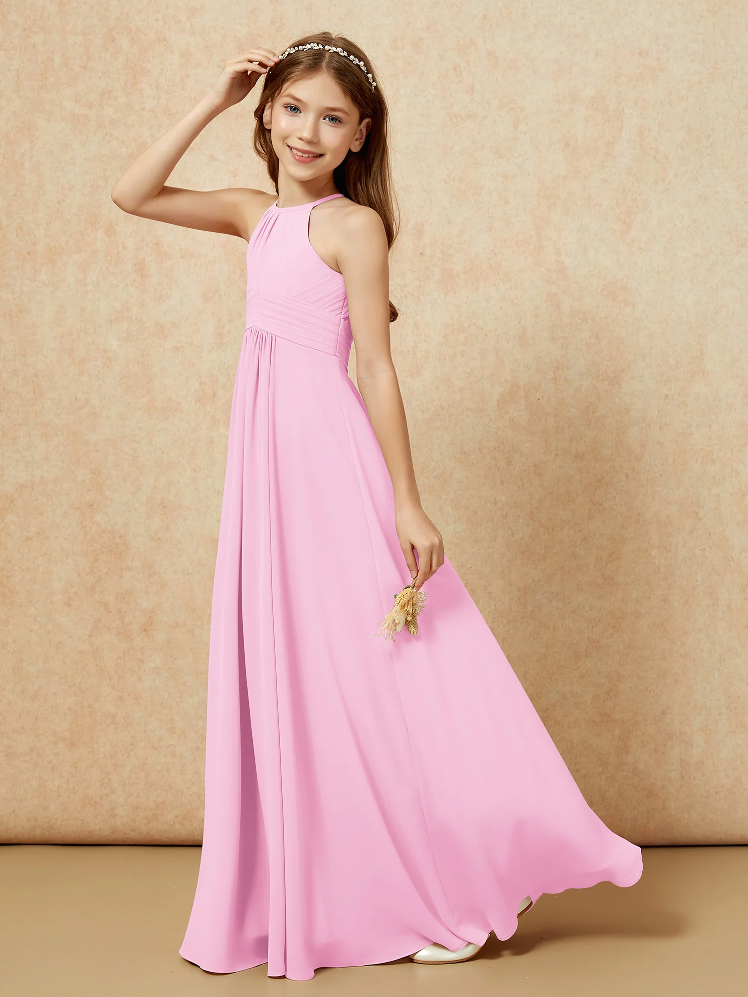 Simple Sleeveless Empire Long Junior Bridesmaid Dress Candy Pink - Image 6