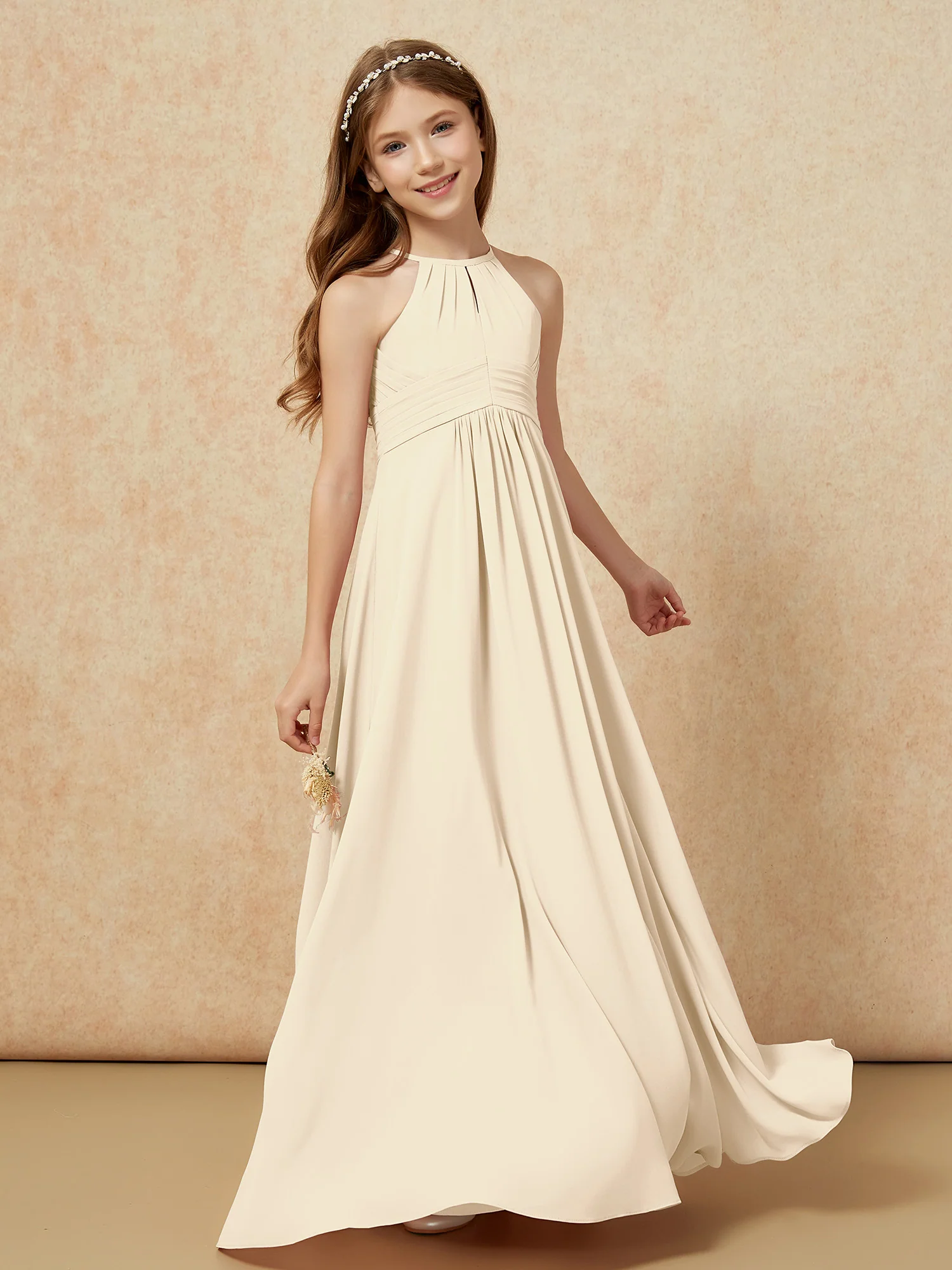 Simple Sleeveless Empire Long Junior Bridesmaid Dress Champagne - Image 3