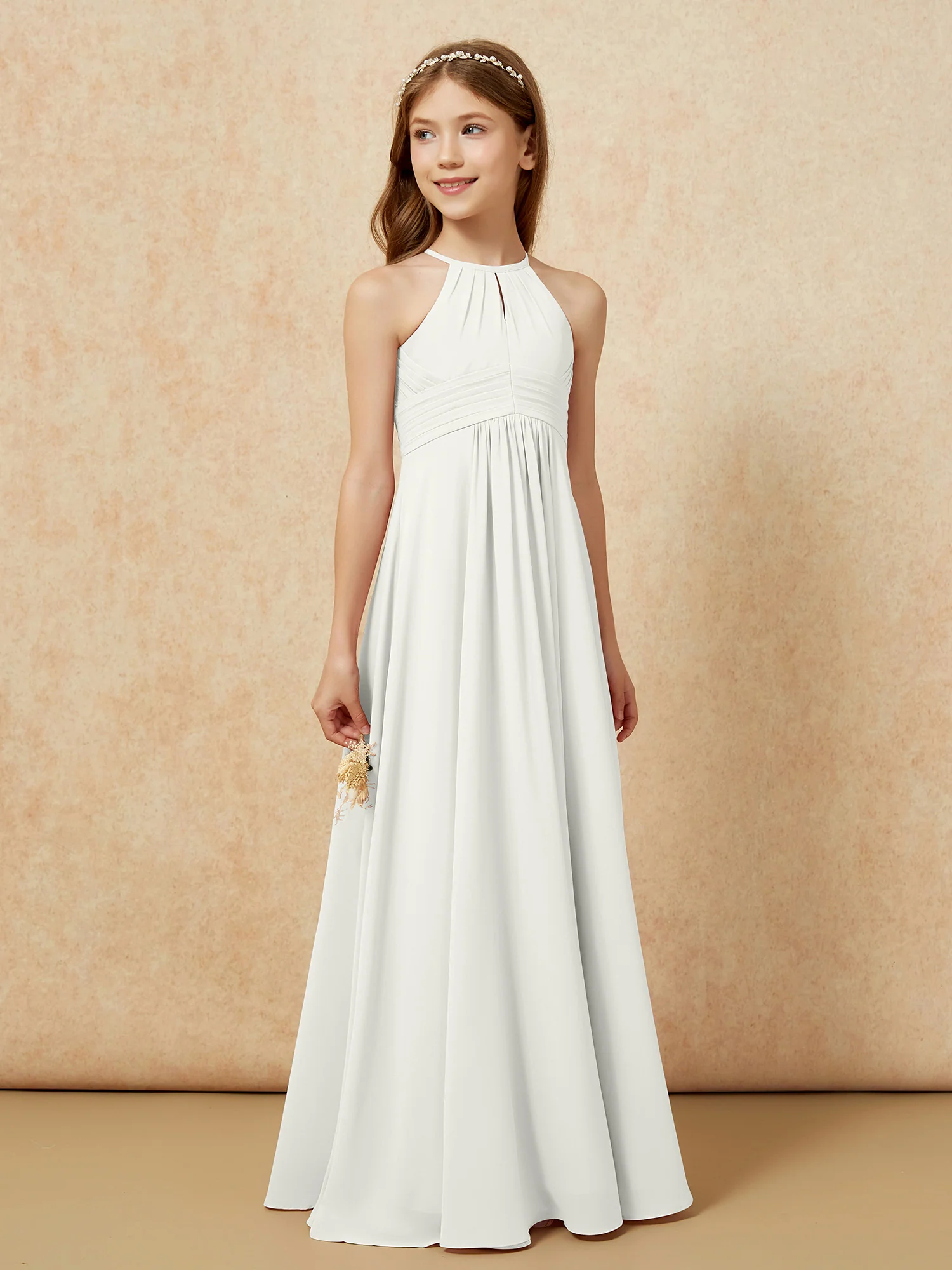 Simple Sleeveless Empire Long Junior Bridesmaid Dress Ivory - Image 4