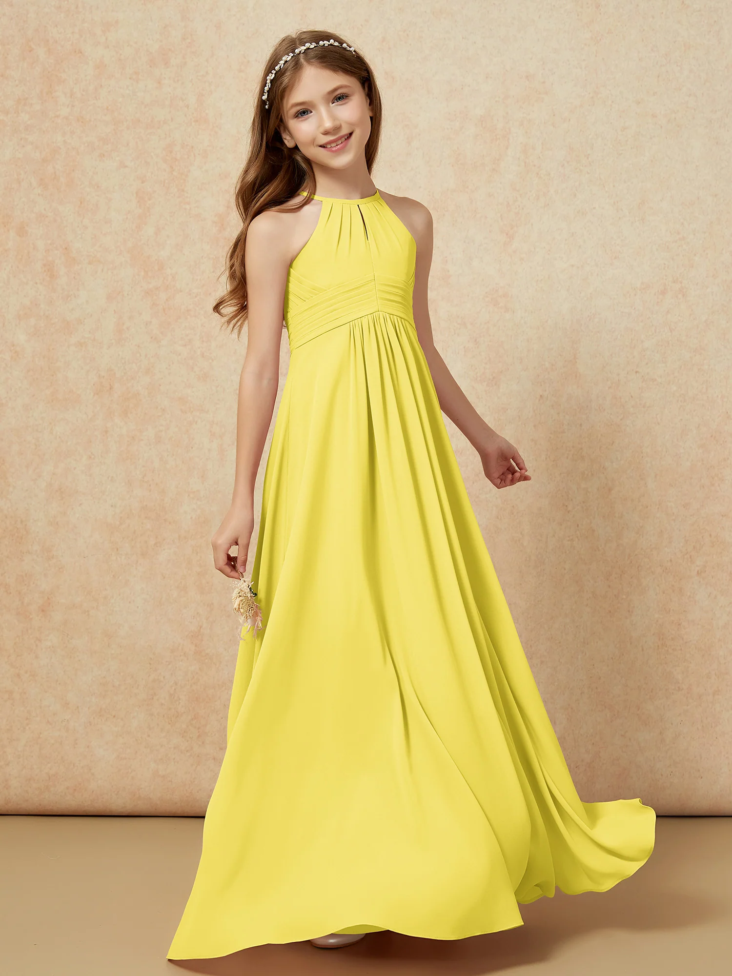 Simple Sleeveless Empire Long Junior Bridesmaid Dress Lemon - Image 3