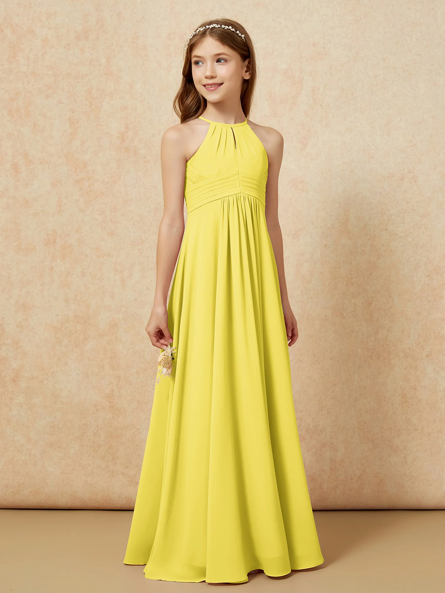 Simple Sleeveless Empire Long Junior Bridesmaid Dress Lemon - Image 4