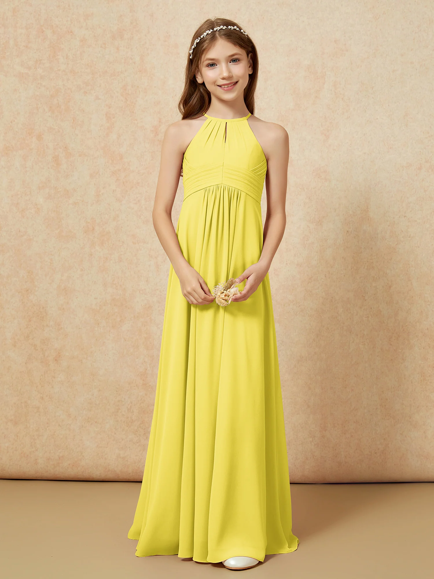 Simple Sleeveless Empire Long Junior Bridesmaid Dress Lemon - Image 5