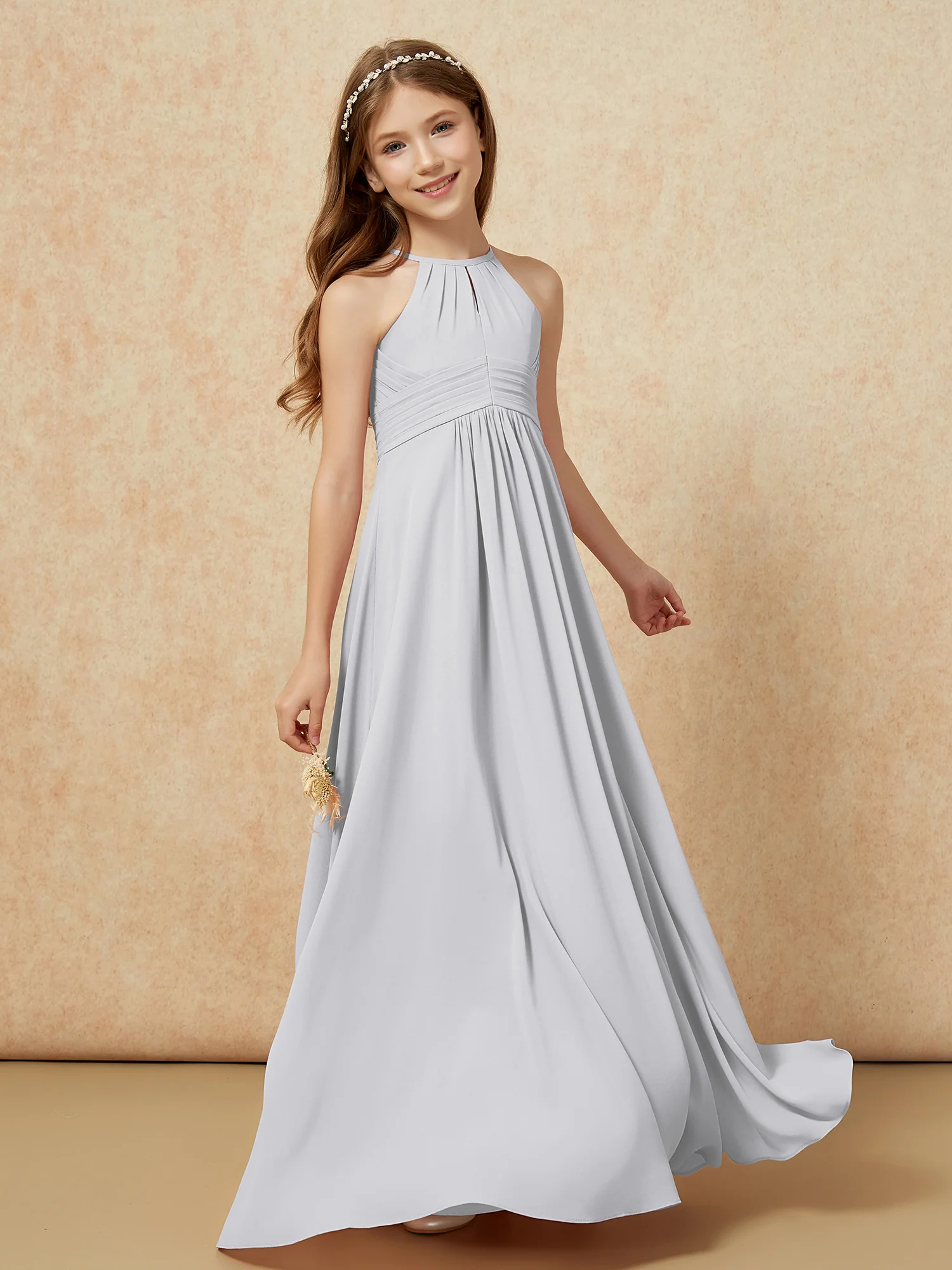 Simple Sleeveless Empire Long Junior Bridesmaid Dress Silver - Image 3