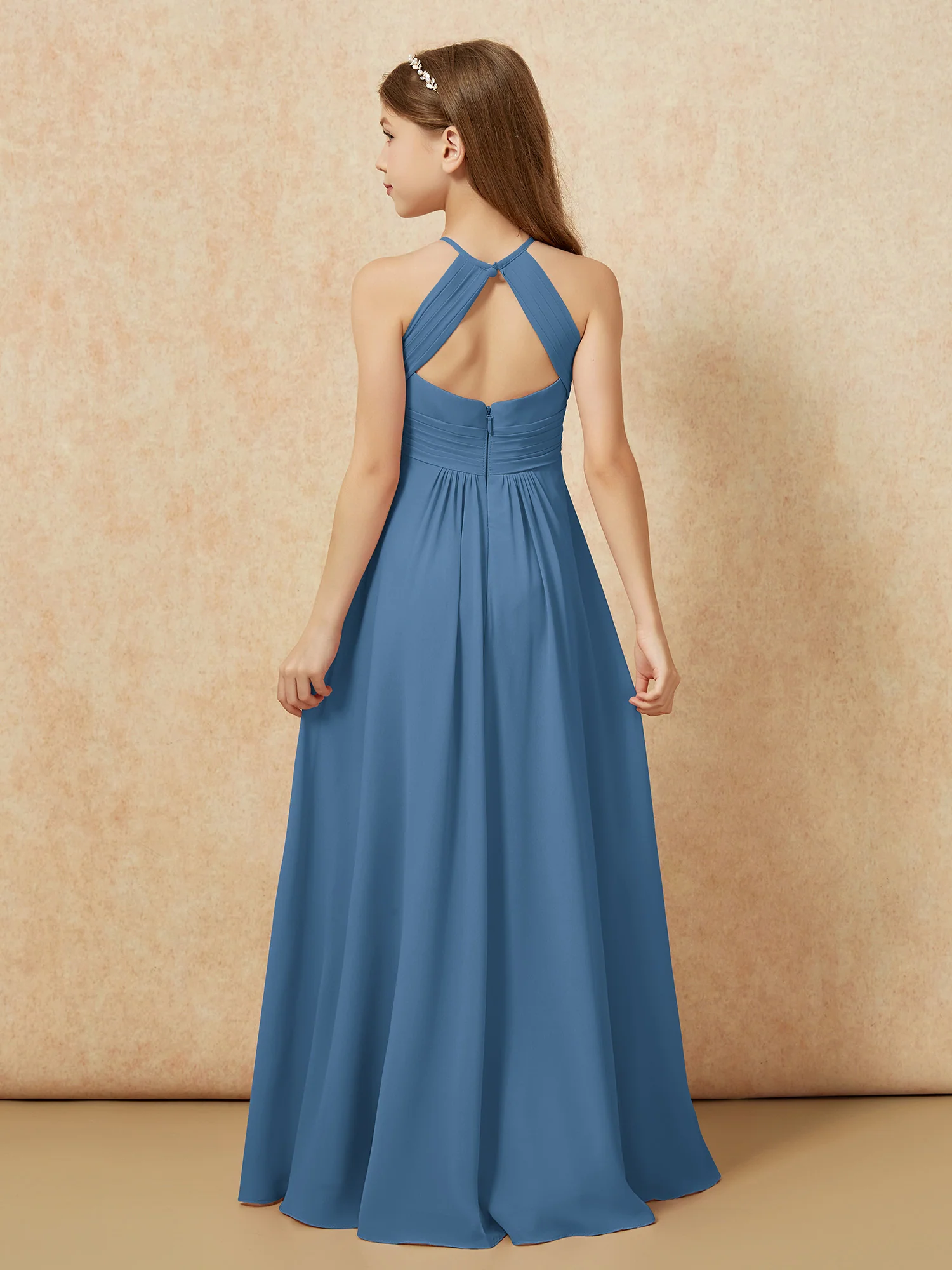 Simple Sleeveless Empire Long Junior Bridesmaid Dress Slate Blue - Image 2
