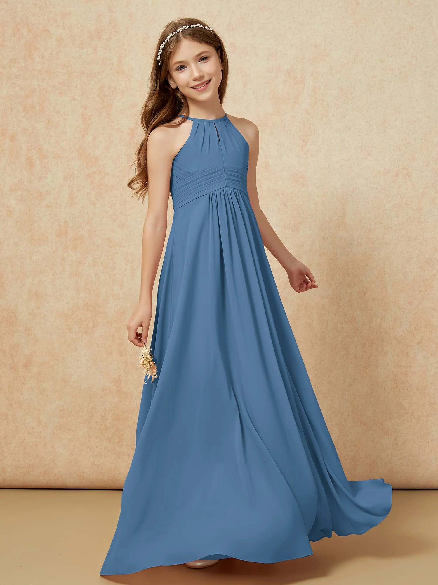 Simple Sleeveless Empire Long Junior Bridesmaid Dress Slate Blue - Image 3