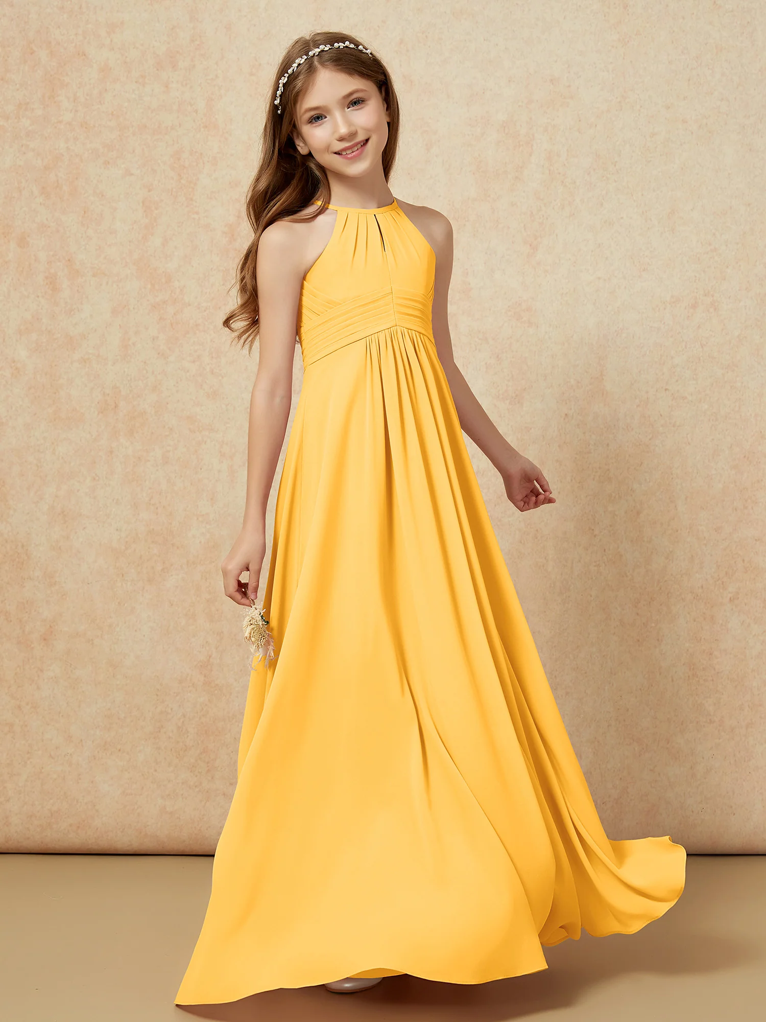 Simple Sleeveless Empire Long Junior Bridesmaid Dress Tangerine - Image 3