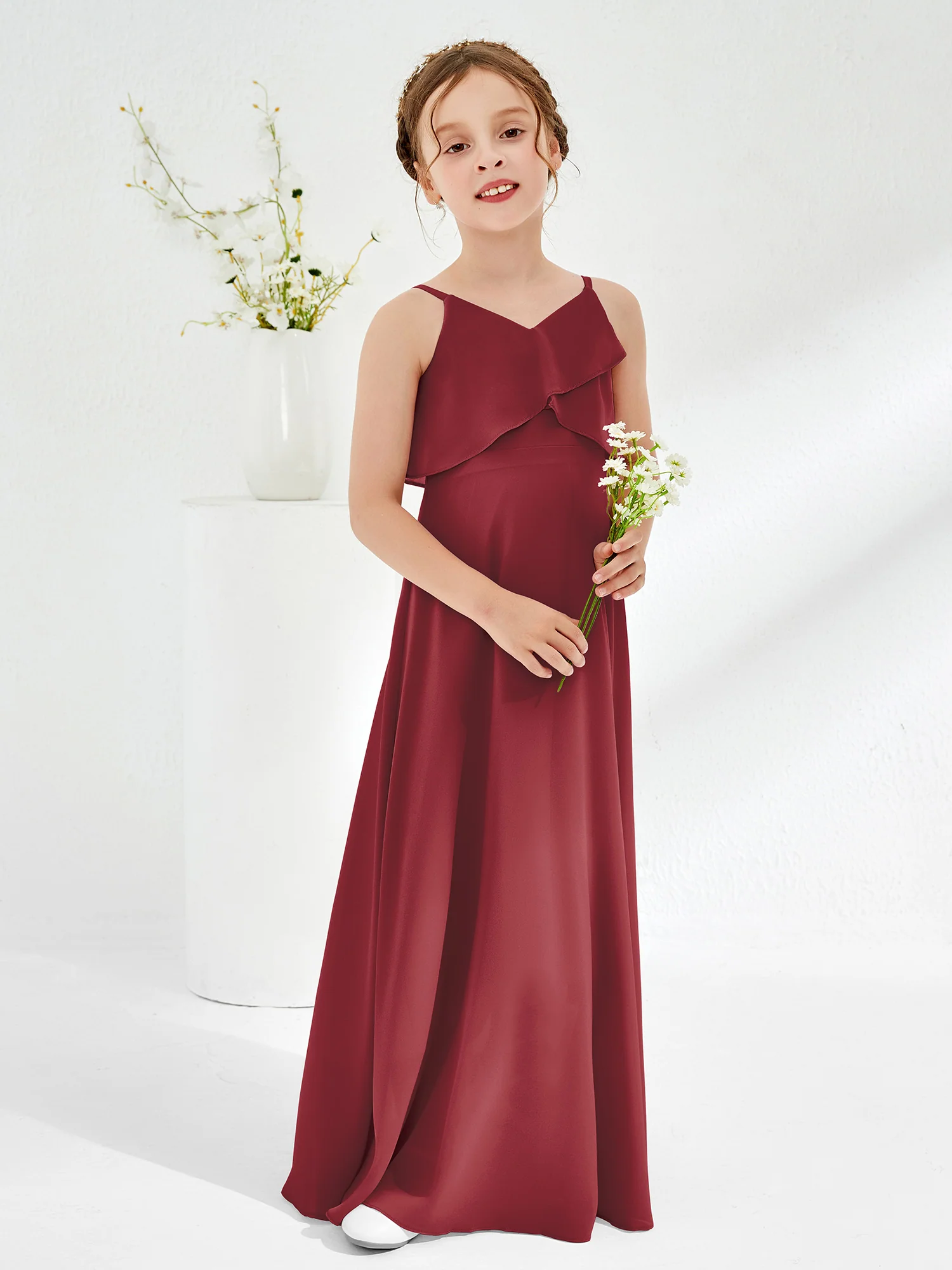 Simple V-neck A-line Long Junior Bridesmaid Dress Cinnamon Rose