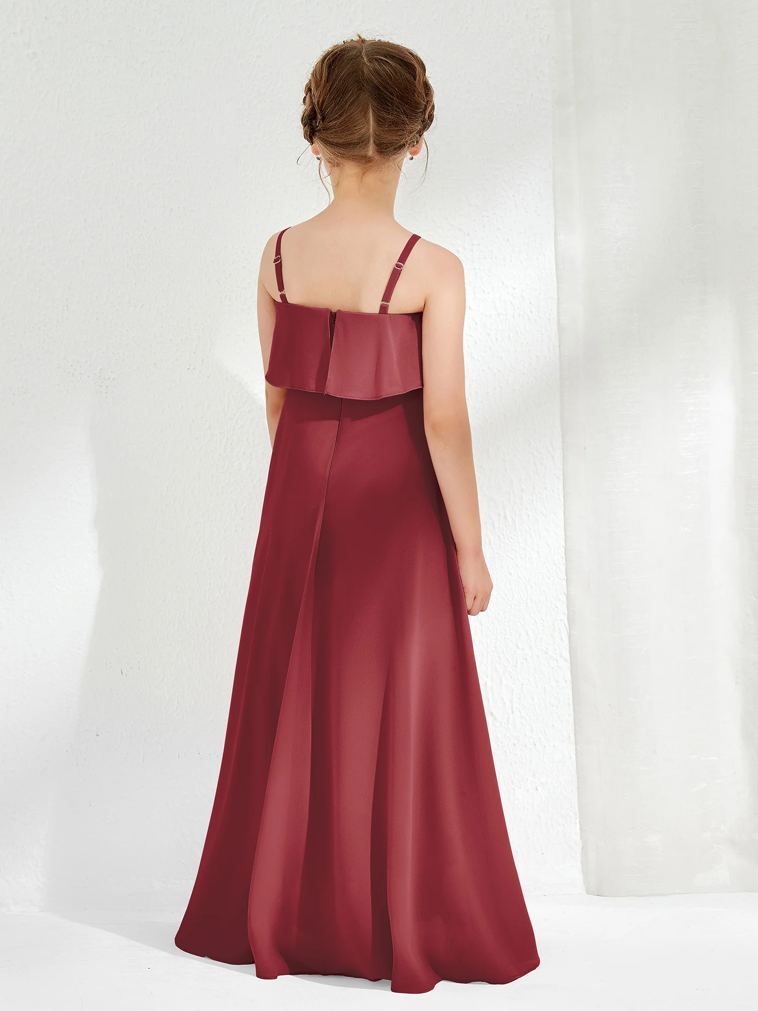 Simple V-neck A-line Long Junior Bridesmaid Dress Cinnamon Rose - Image 2