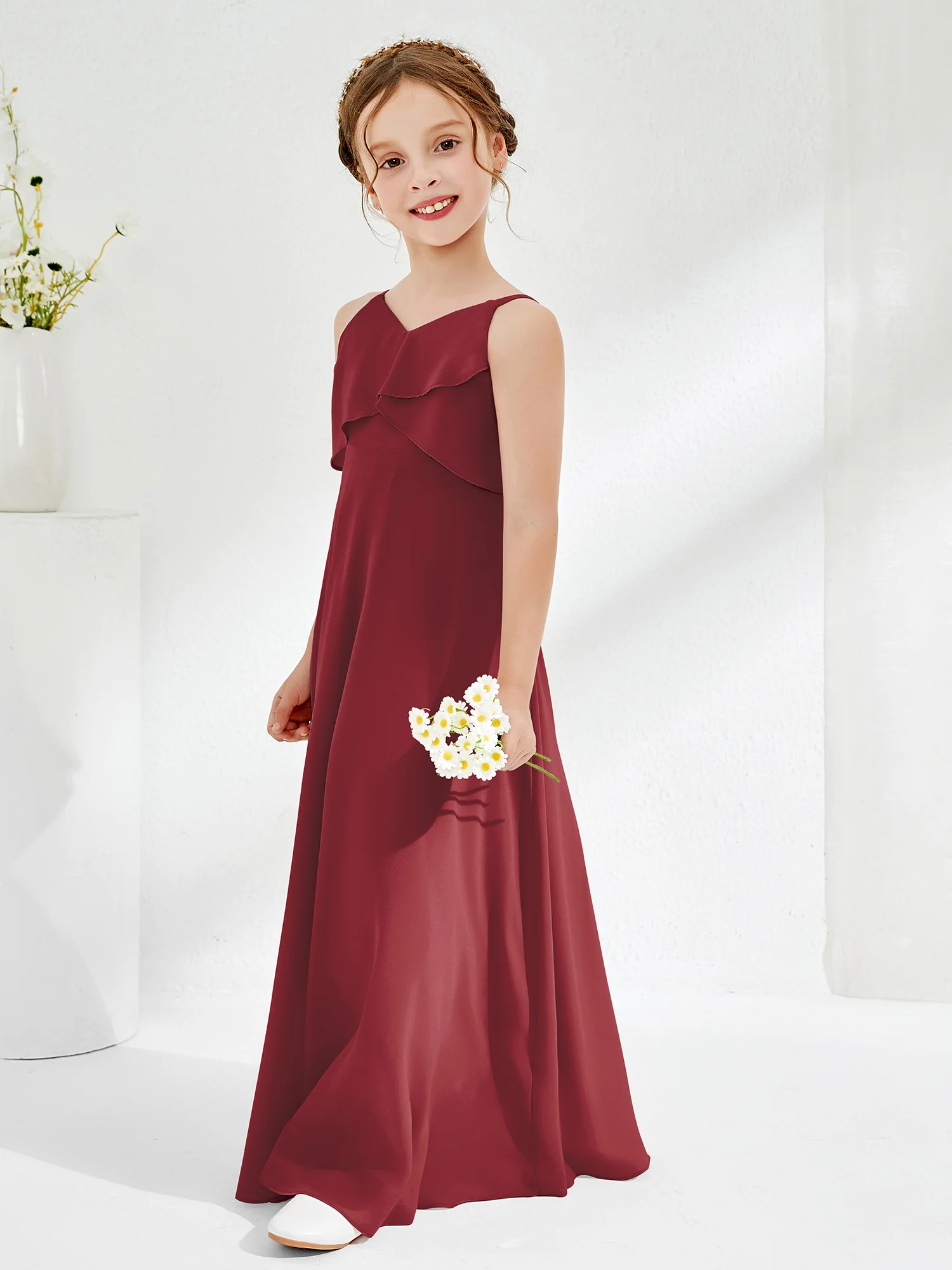 Simple V-neck A-line Long Junior Bridesmaid Dress Cinnamon Rose - Image 3