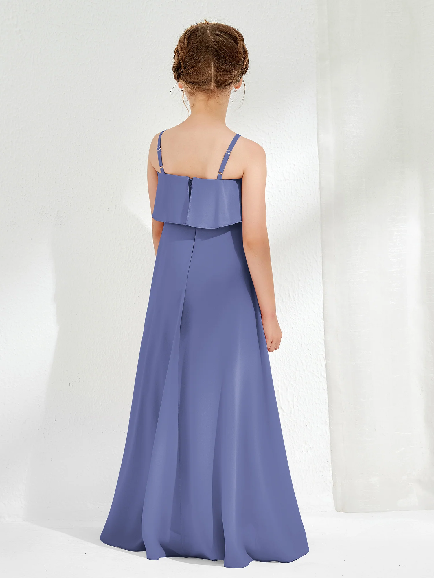 Simple V-neck A-line Long Junior Bridesmaid Dress Periwinkle - Image 2