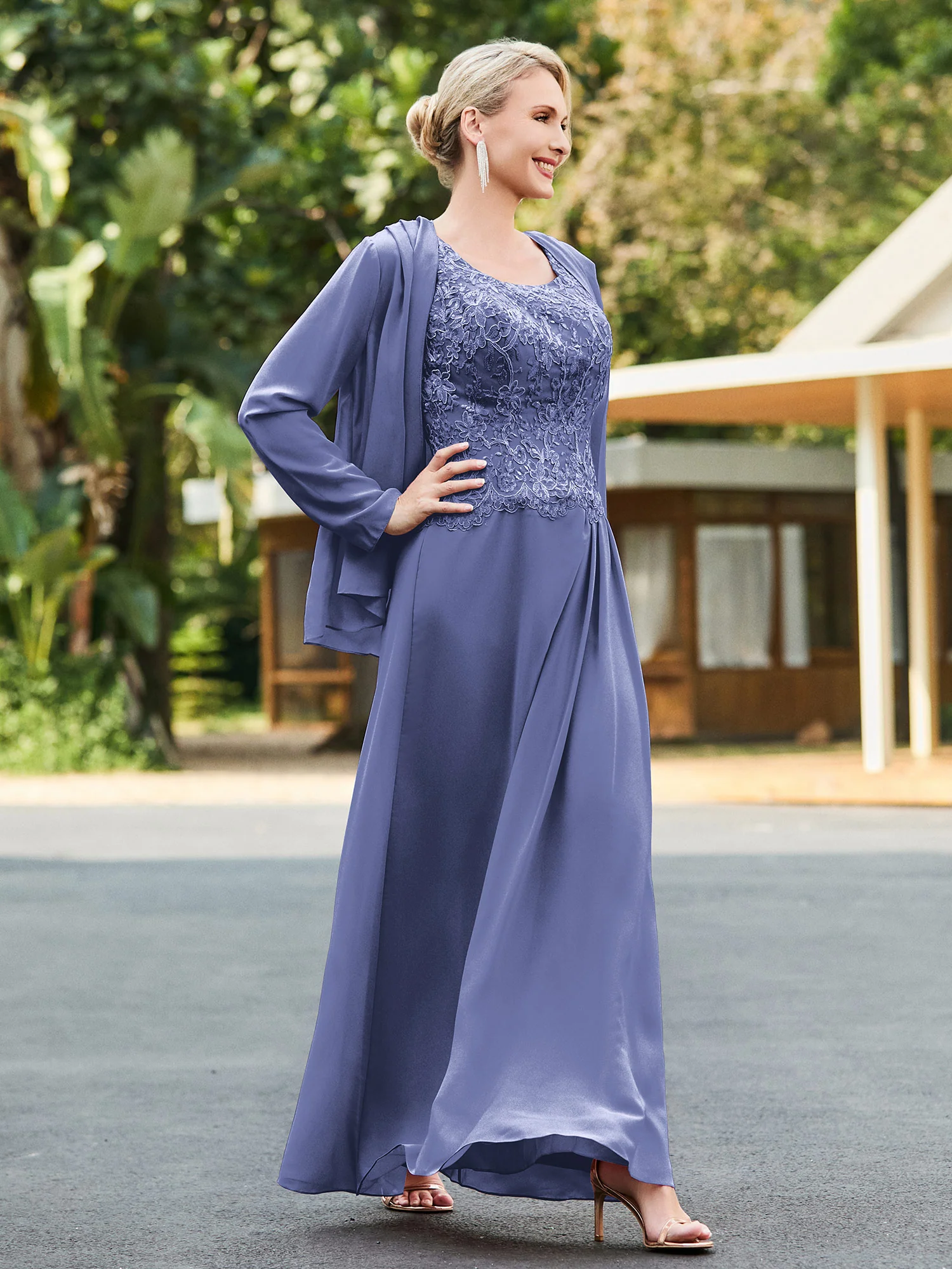 Sleeveless Lace Appliqued Dress with Jacket Periwinkle - Image 3