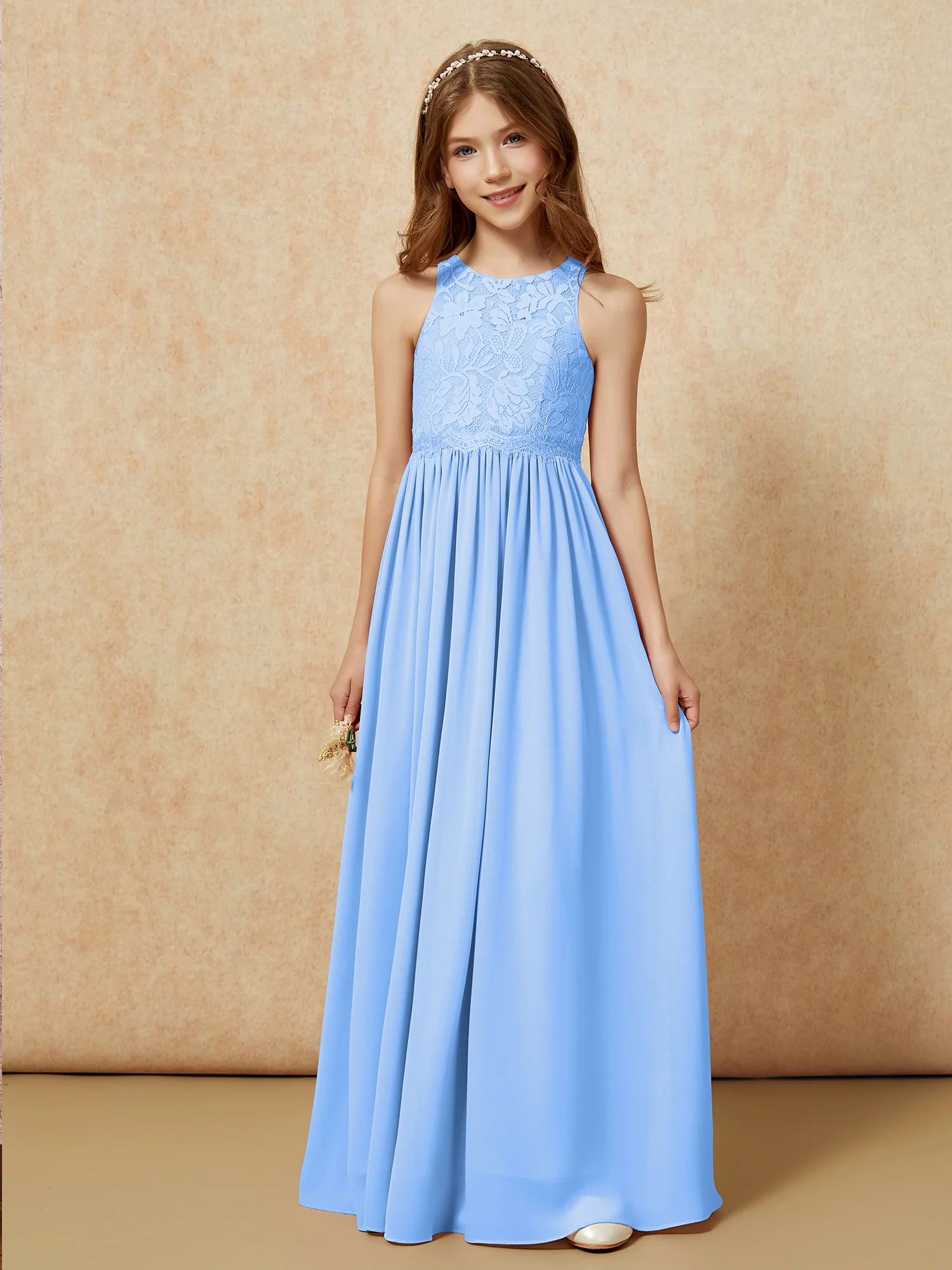 Sleeveless Lace Chiffon A-line Junior Bridesmaid Dress Blue - Image 6