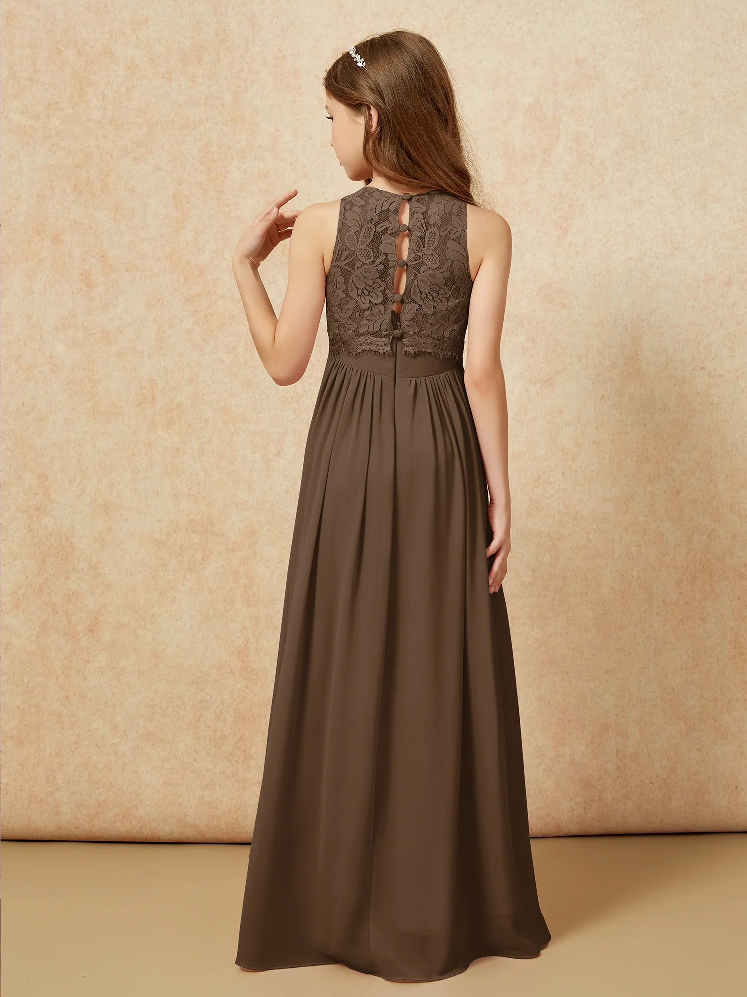 Sleeveless Lace Chiffon A-line Junior Bridesmaid Dress Brown - Image 2