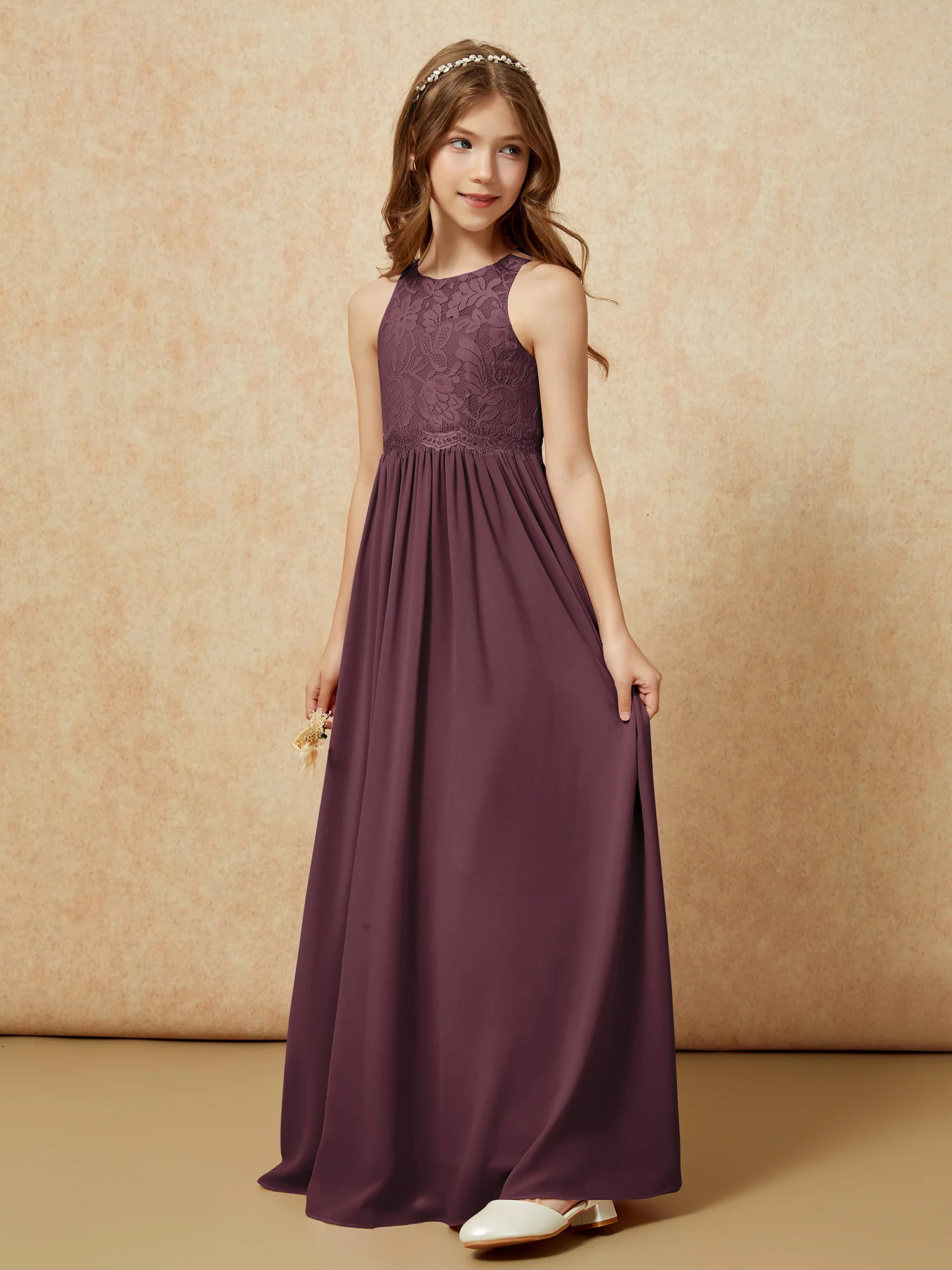 Sleeveless Lace Chiffon A-line Junior Bridesmaid Dress Cabernet - Image 3