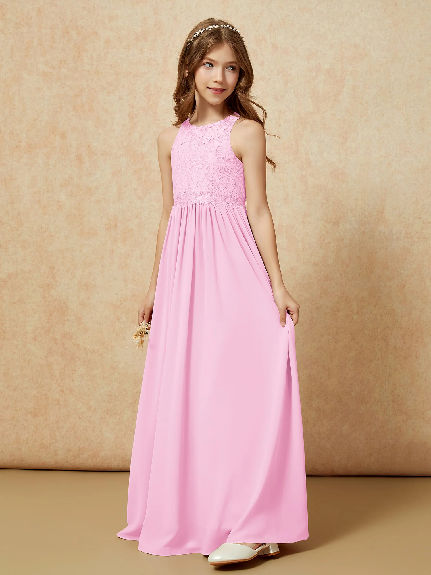 Sleeveless Lace Chiffon A-line Junior Bridesmaid Dress Candy Pink - Image 3