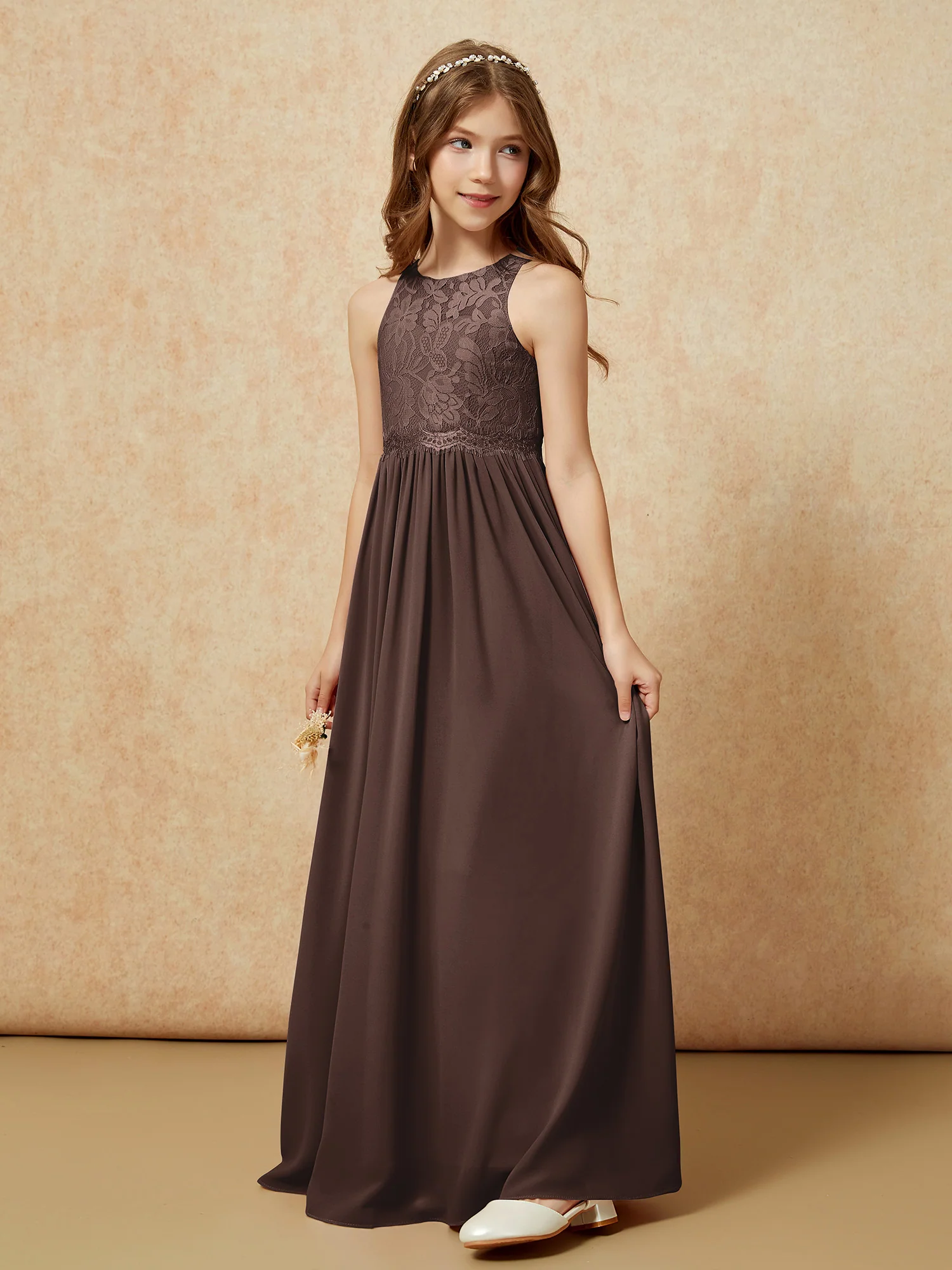 Sleeveless Lace Chiffon A-line Junior Bridesmaid Dress Chocolate - Image 3