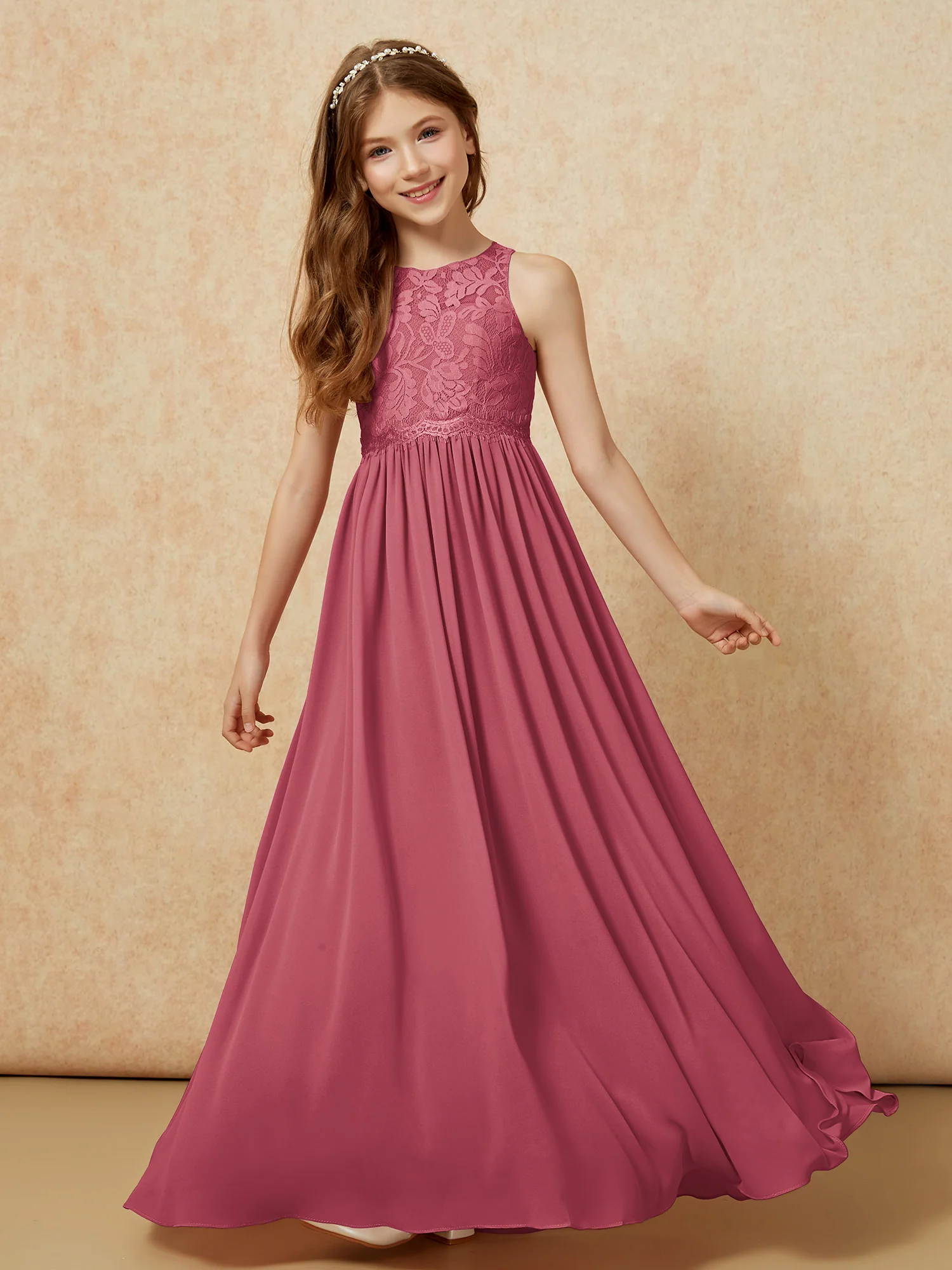 Sleeveless Lace Chiffon A-line Junior Bridesmaid Dress Cinnamon Rose - Image 4