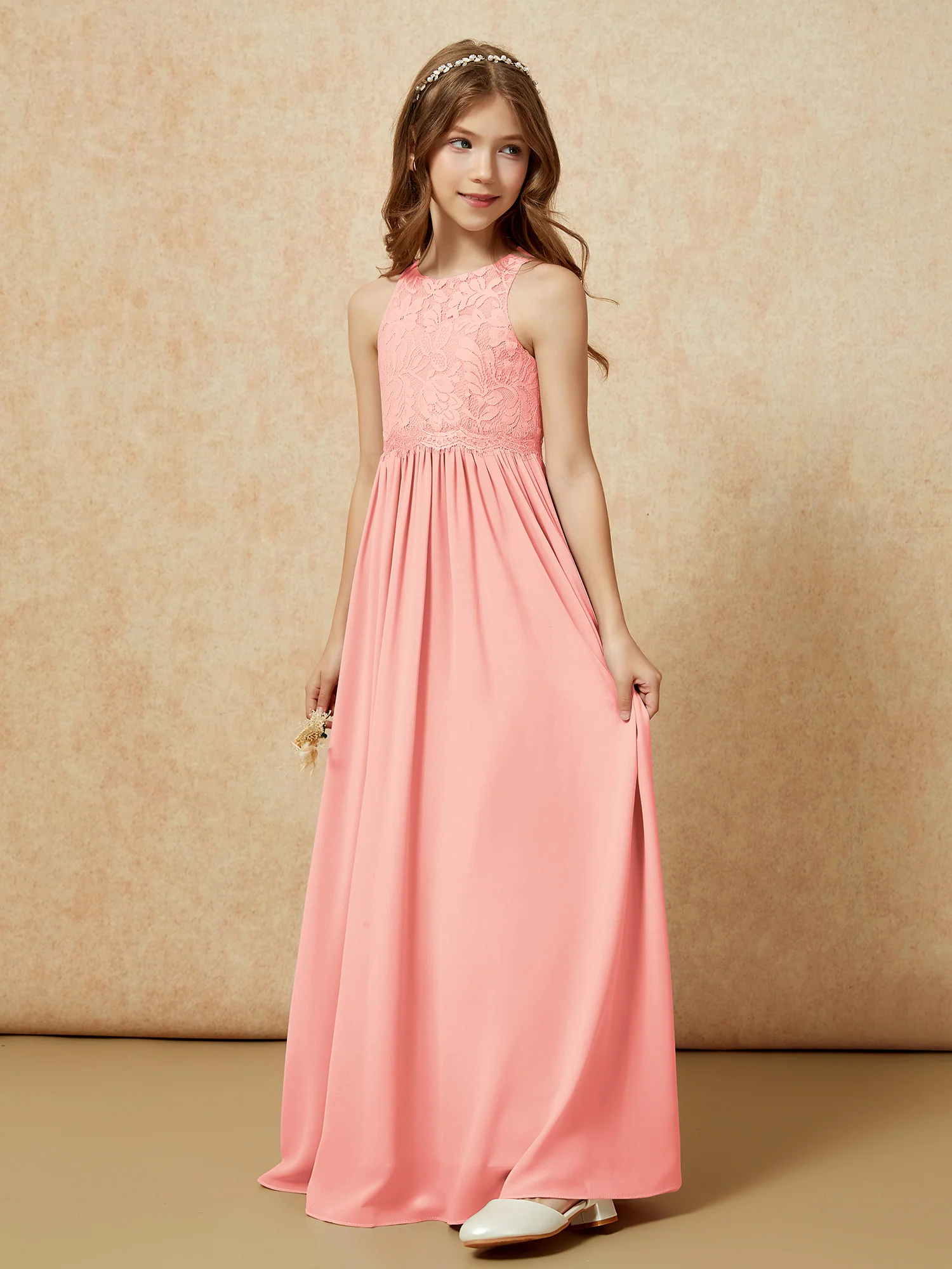 Sleeveless Lace Chiffon A-line Junior Bridesmaid Dress Coral - Image 3