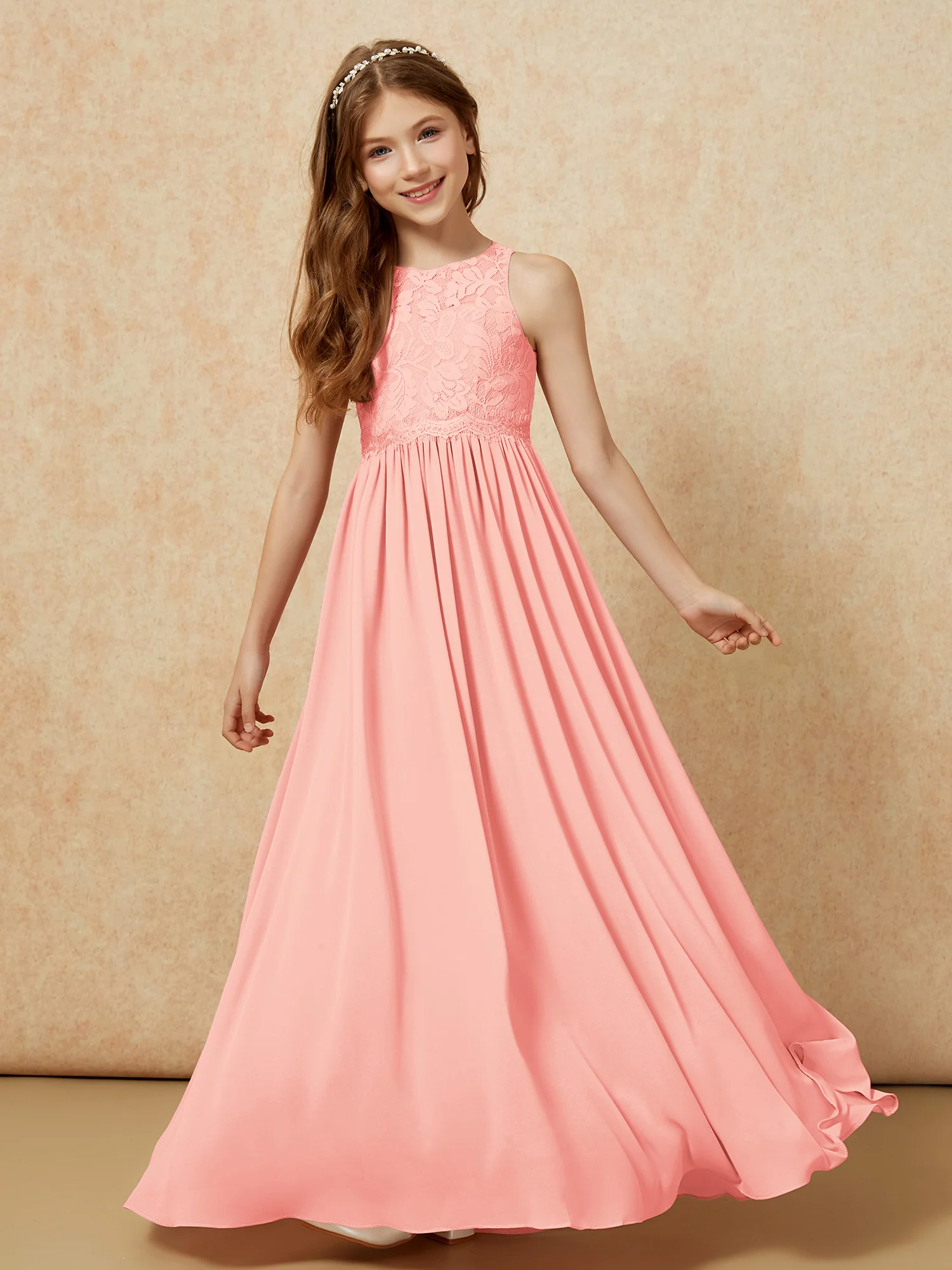 Sleeveless Lace Chiffon A-line Junior Bridesmaid Dress Coral - Image 4