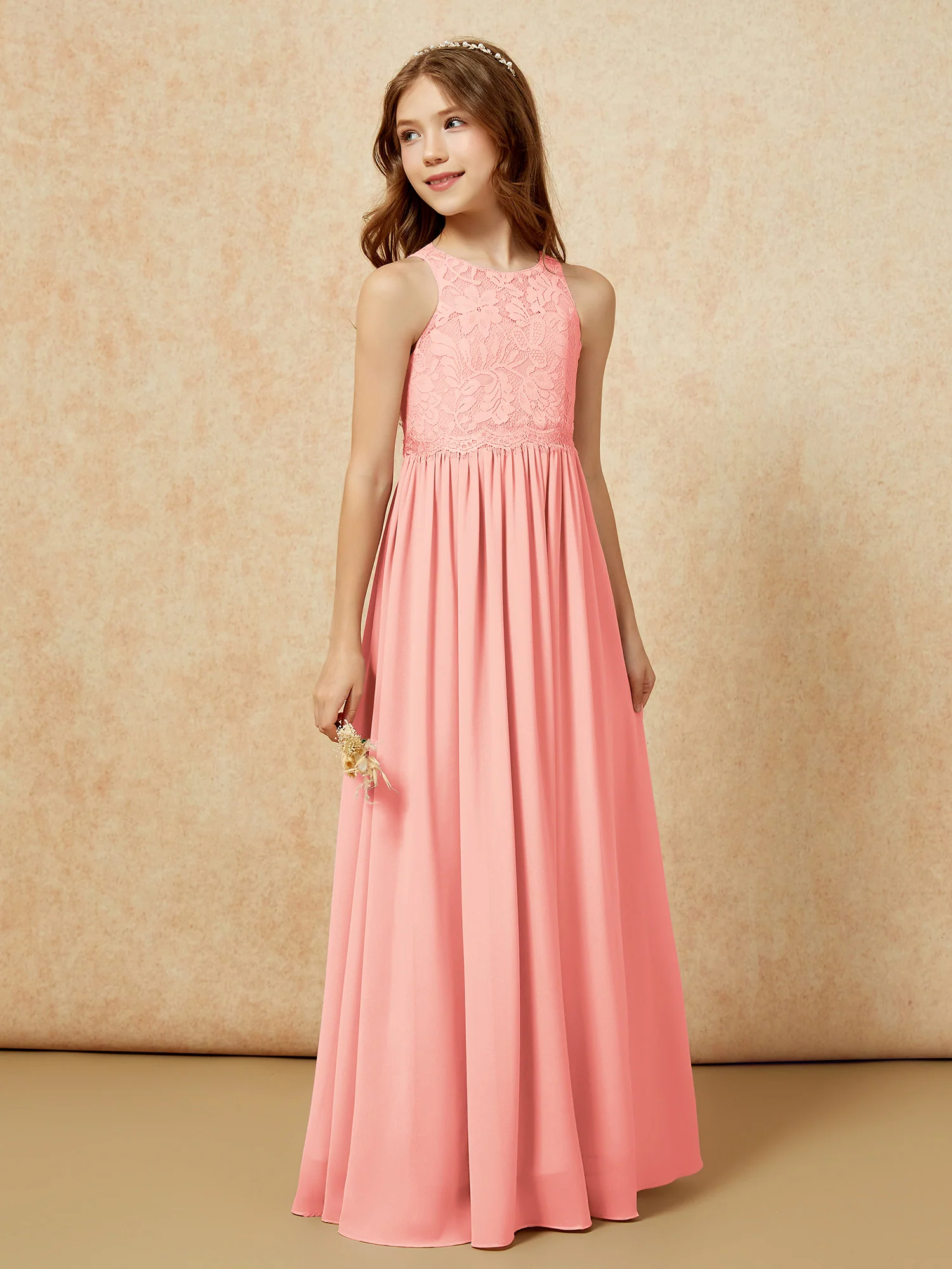 Sleeveless Lace Chiffon A-line Junior Bridesmaid Dress Coral - Image 5